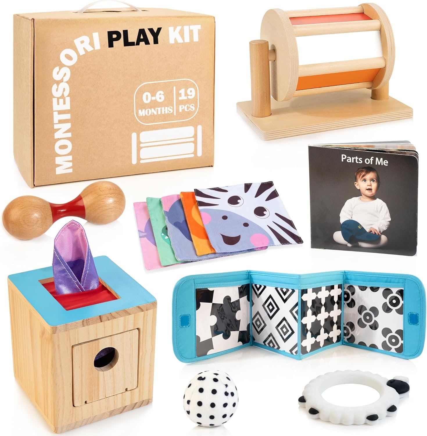 WOODMAM Montessori Toys for Babies 0-6 Months, 9 in 1 Learning Educational Baby Gifts for Newborn 0-3-6 Months, Includes High Contrast Cards, Baby Tissue Box Toy, Spinning Drum, Teether and More