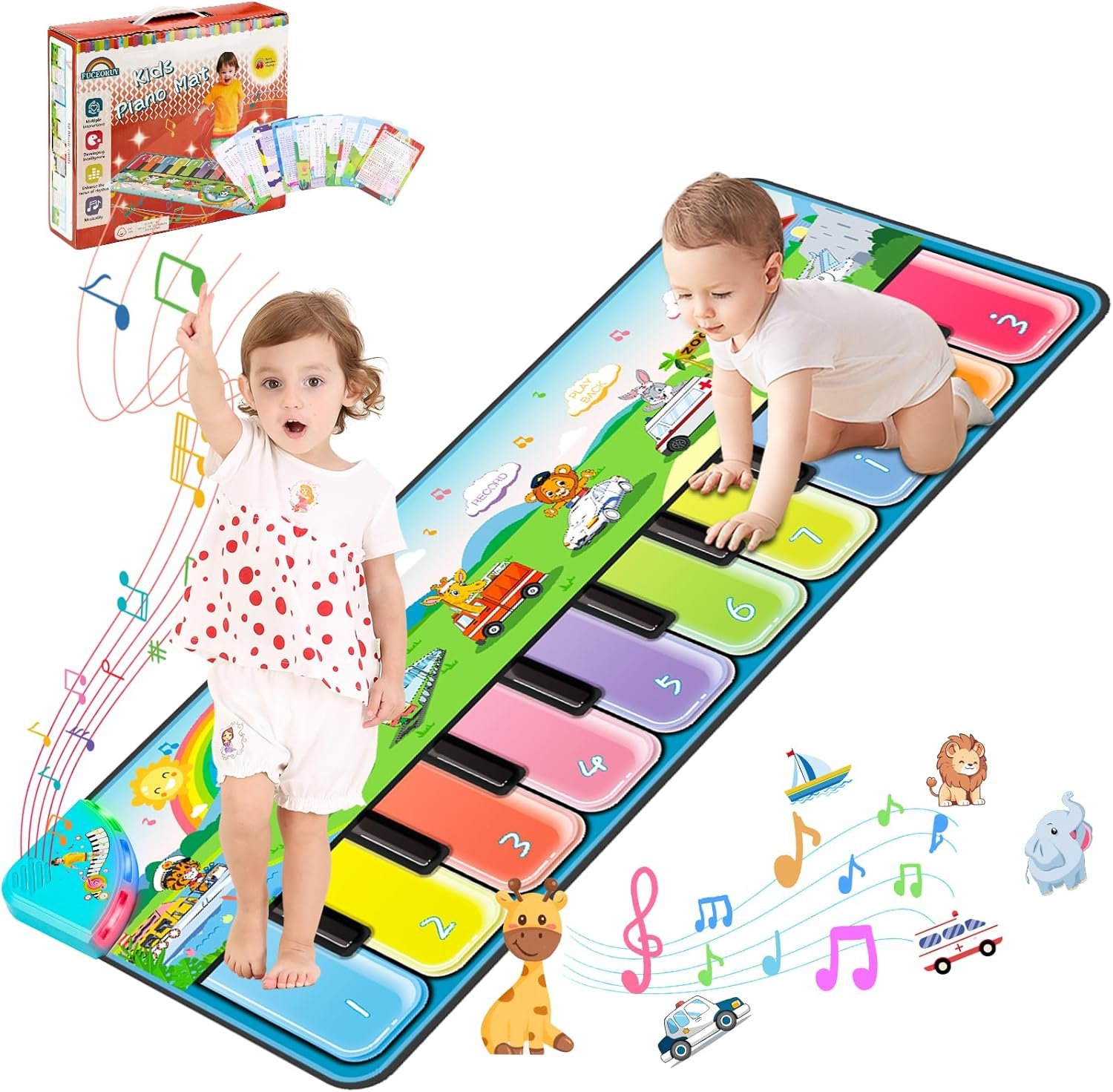 FUCEORUY Piano Mat Musical Toys for Toddlers 1-3, Sensory Learning Toy Floor Piano Playmat Toys for 1 2 Year Old Boy Girl Gifts, with 7 Animal, 7 Vehicle & 10 Songs Sound (Kids Edition)
