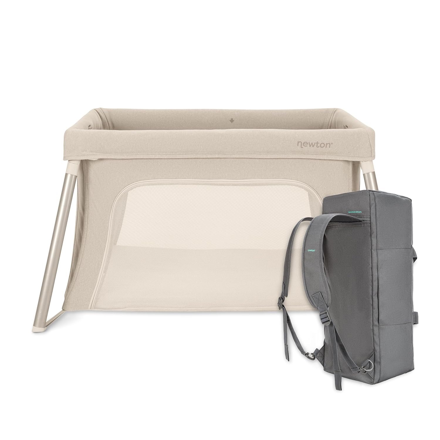 Newton Baby Compact Travel Crib & Play Yard | Breathable & Washable Mattress, Foldable Carry-On Size, Backpack Straps, Sand, Newton Bassinet Attachment NOT Included or Compatible