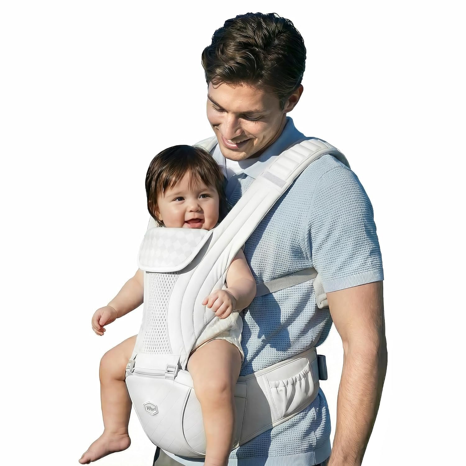 HBR Baby Carrier with Hip Seat, Air-Padded Shoulder Straps – Less Pressure, 6-in-1 Ergonomic Baby Carrier for Newborn to Toddler, Forward-Facing, Hands-Free, Up to 45 lbs, 47 in, Silver Mist White