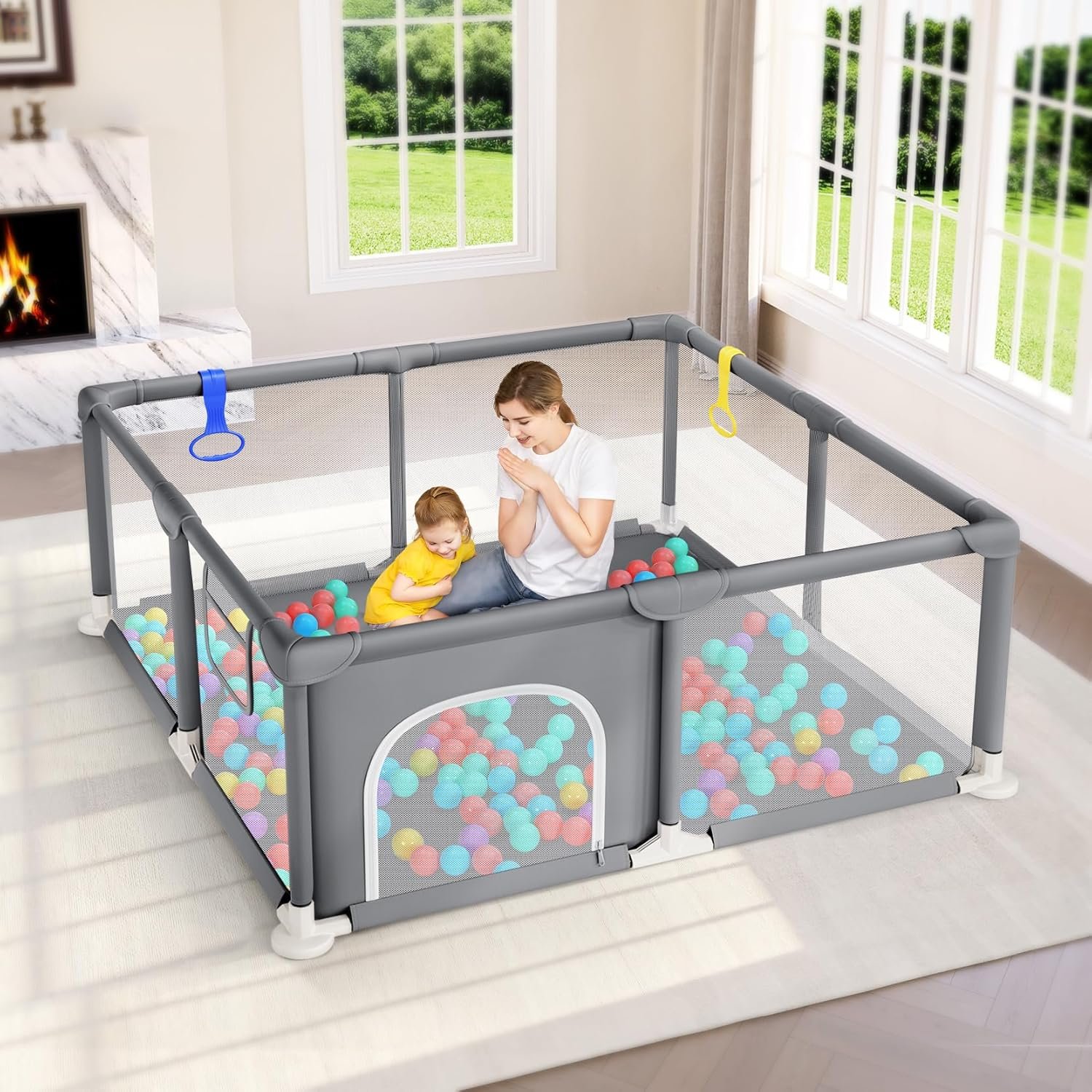 Dripex Baby Playpen, 47″x47″ Small Playpen for Babies, Enhanced Safety Baby Play Yard for Indoor & Outdoor, Infant Play Pen with Soft Breathable Visible Mesh, Anti-Fall Design & Easy Setup, Grey