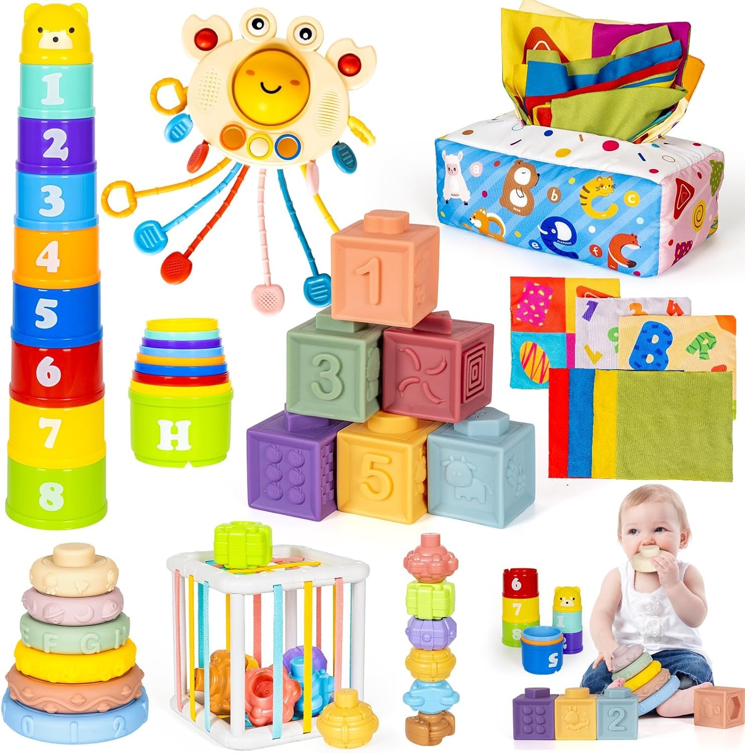 6 in 1 Montessori Toys for Babies Newborn Stacking Block Soft Infant Ring Shape Learning Sensory Bin Pull String Toy Tissue Box for Toddlers 18M+ 2 3 Year Old Boy Girl Gift