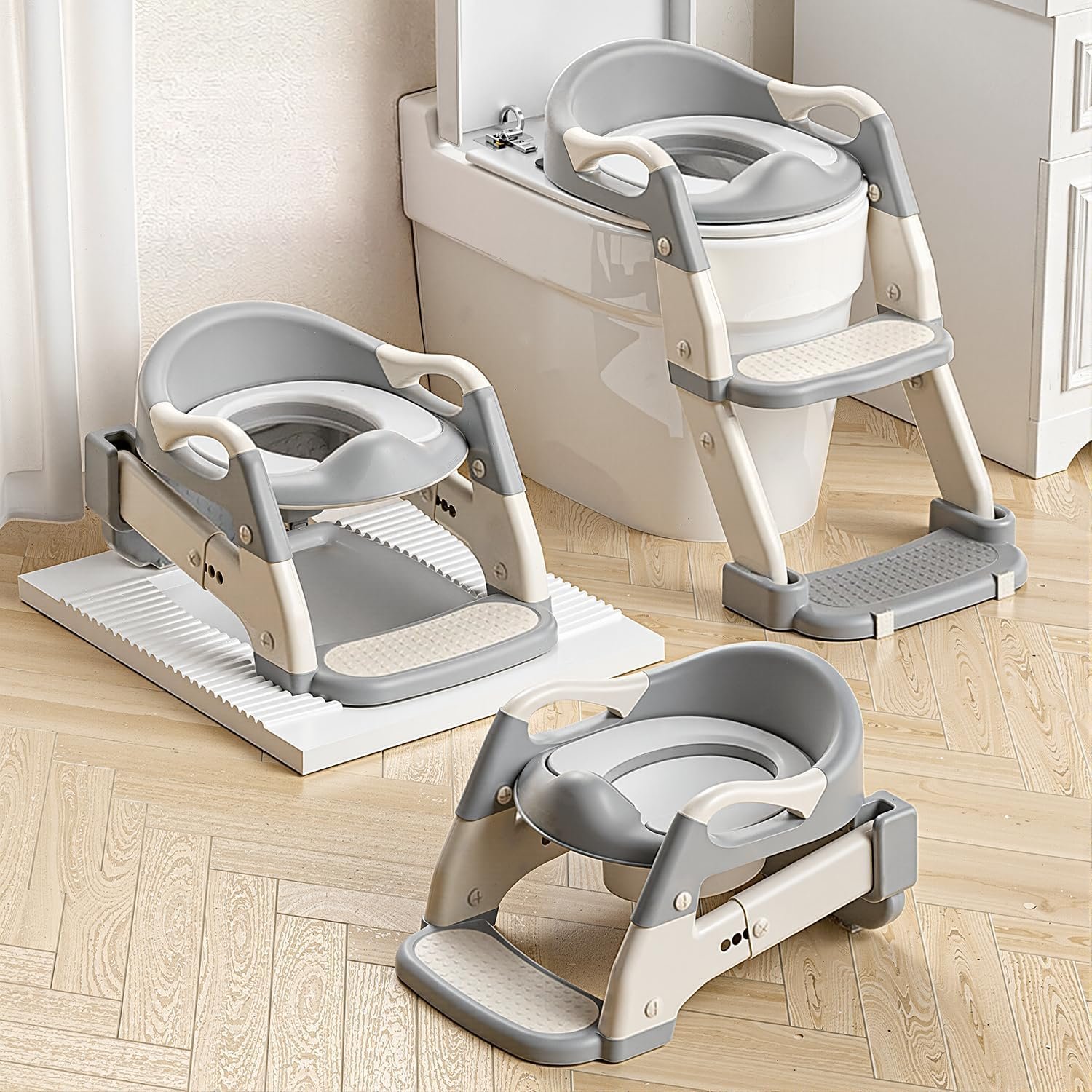 Snugzy Toddler Potty Training Seat 3-in-1 Foldable Potty Training Toilet with Step Stool Adjustable Potty Chair with Urinals (Grey)