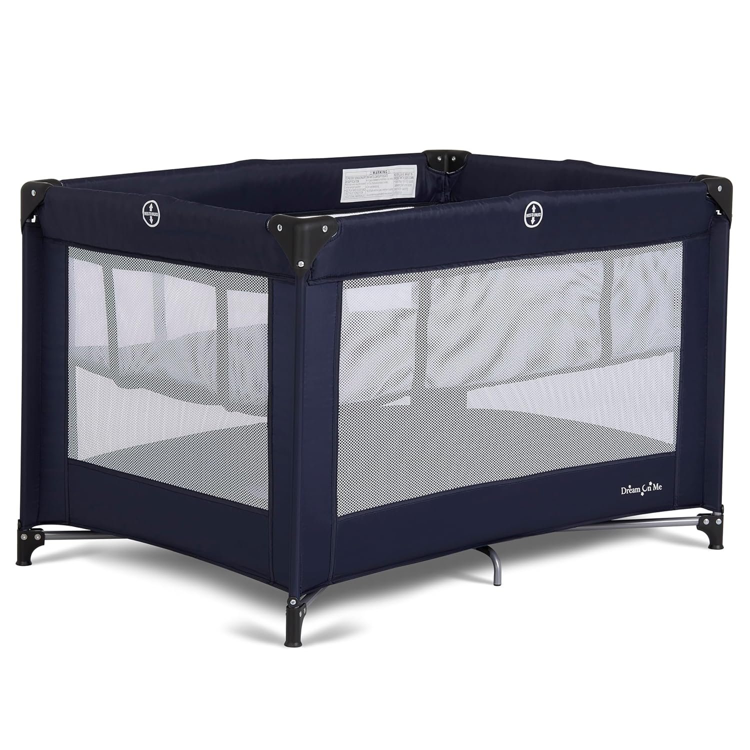 Dream On Me Zazzy Portable Playard with Bassinet – 360° Mesh Visibility, Quick Folding Travel Friendly Design, Carry Bag and Foldable Mattress Pad Included, Compact and Lightweight – Navy
