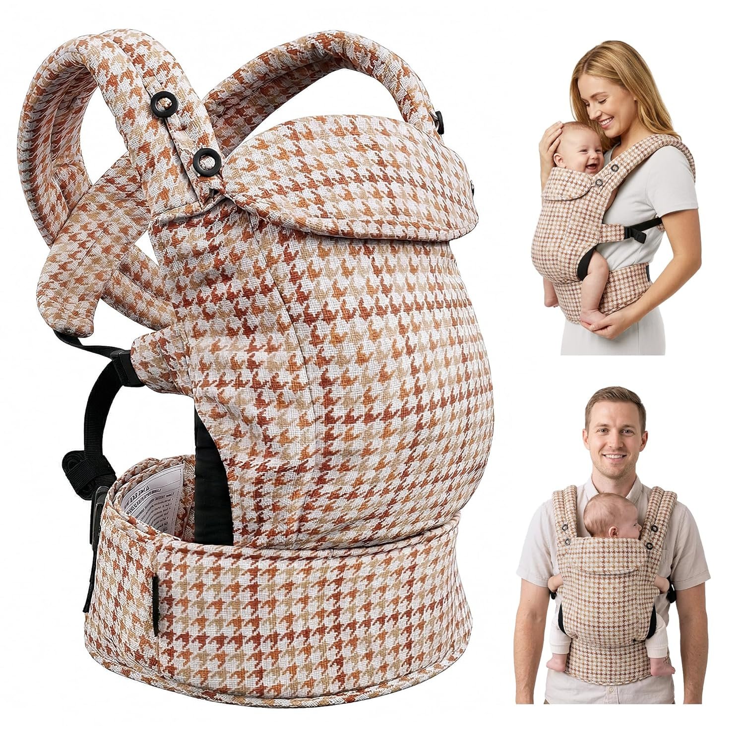FRUITEAM Baby Carrier, Toddler Carrier with Adjustable Seat Size, Comfortable & Ergonomic Baby Carrier Newborn (7-25 LBS), Easy to Wear, Travel and Hiking Friendly (Brown Houndstooth)