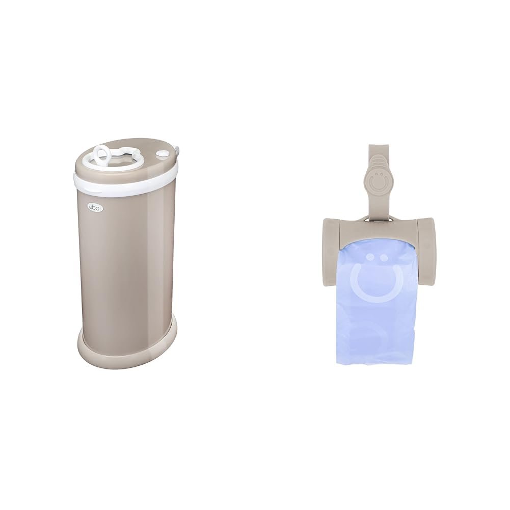 Ubbi Steel Diaper Pail Bundle with Retractable On-The-Go Bag Dispenser for Baby Travel