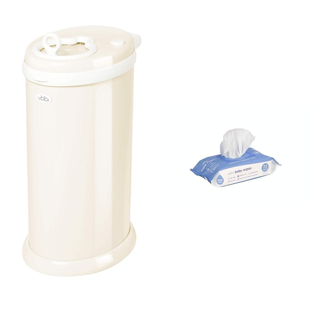 Ubbi Steel Diaper Pail, Ivory + 1 Pack Baby Wipes (72 Count)