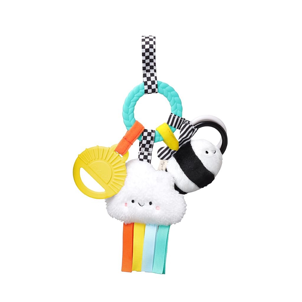 Itzy Ritzy Teething Activity Toy – Bitzy Busy Ring Infant Teething Toy Features Braided Ring & Dangling Toys, Includes Teether, Ribbons, Crinkle Sound & Jingle Bell – 0 Months & Up (High Contrast)