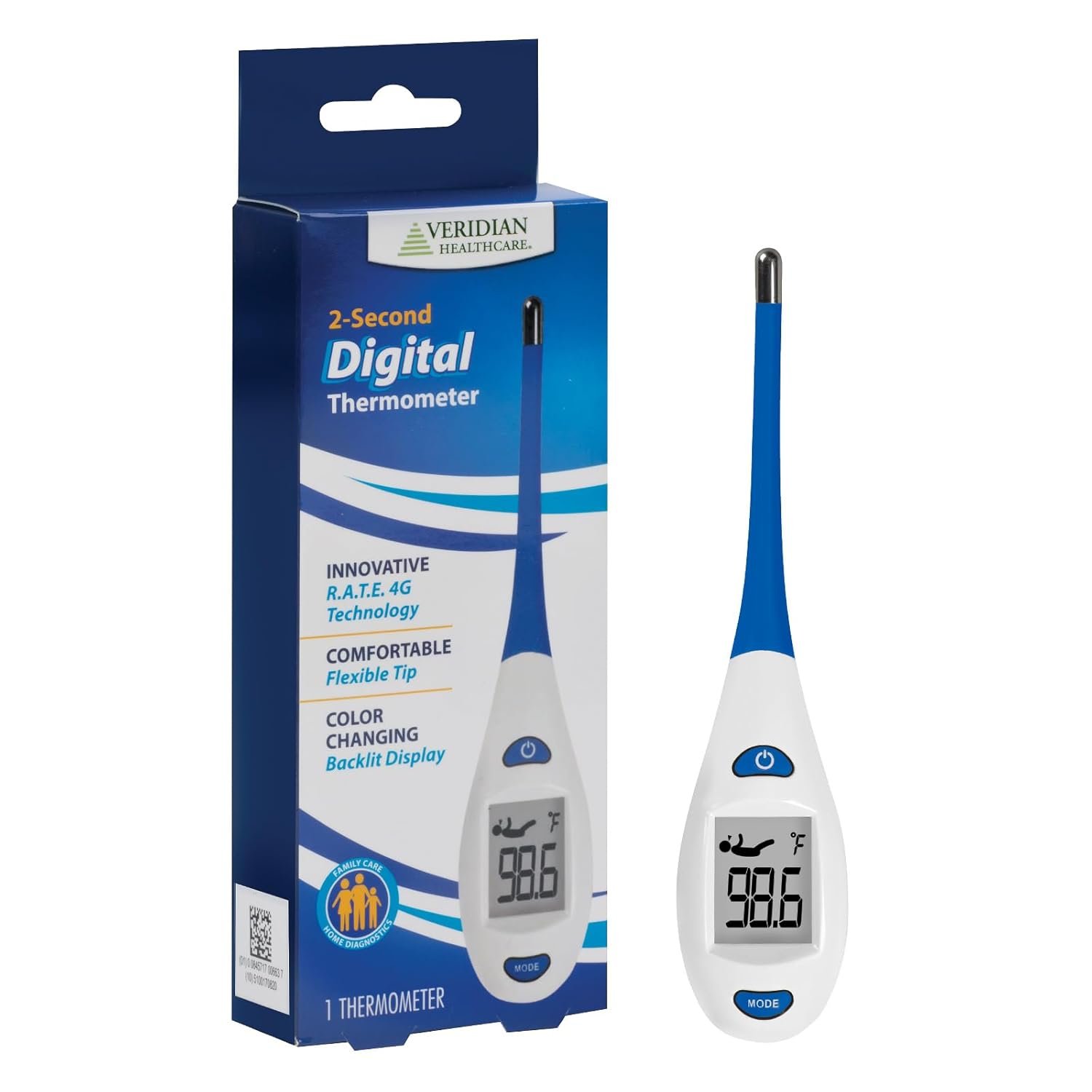 Veridian Healthcare Digital Thermometer | 2-Second Readout | Rate Rapid Read Technology| Flexible Tip | Hygienic Water-Resistant Easy Cleaning | Storage Case + Instructions Included