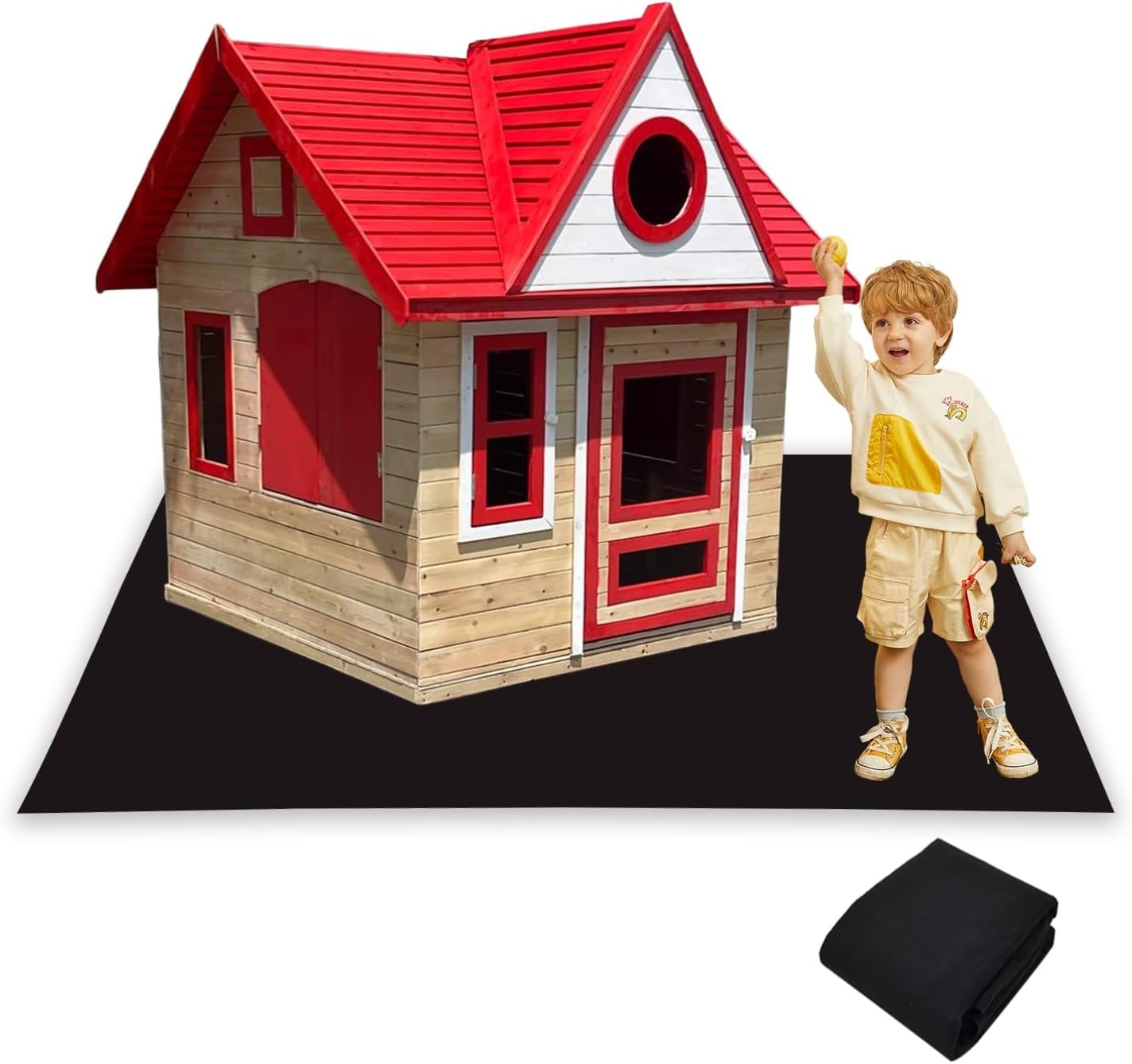 Outdoor Playhouse Mat, 71” x 55” Extra Large Non Slip Felt Play Mat with Waterproof Backing, Soft Durable Activity Rug for Kids Playhouse Floor, Indoor Outdoor Use, Portable & Washable (Black)