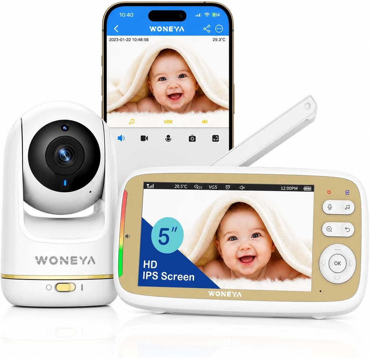 Smart Baby Monitor, 5″ HD IPS Screen, 1500ft Long Range, 48 Hours Battery, White Noises & Lullabies, 2K HD Camera, Customizable Safe Zones, Motion Detection, VOX, Free Secure Phone App