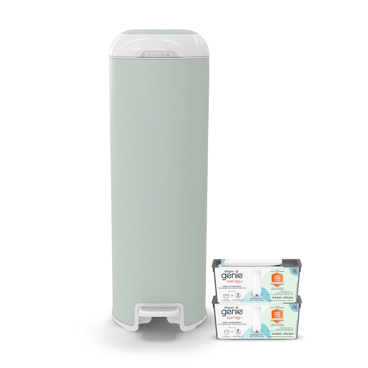 Platinum Diaper Pail Sage Green, Made of Durable Stainless Steel, Convenient Easy to Use Hands-Free Operation, Odor-Locking Pail, Includes 2 Easy Roll Refill with 18 and 30 Durable Bags