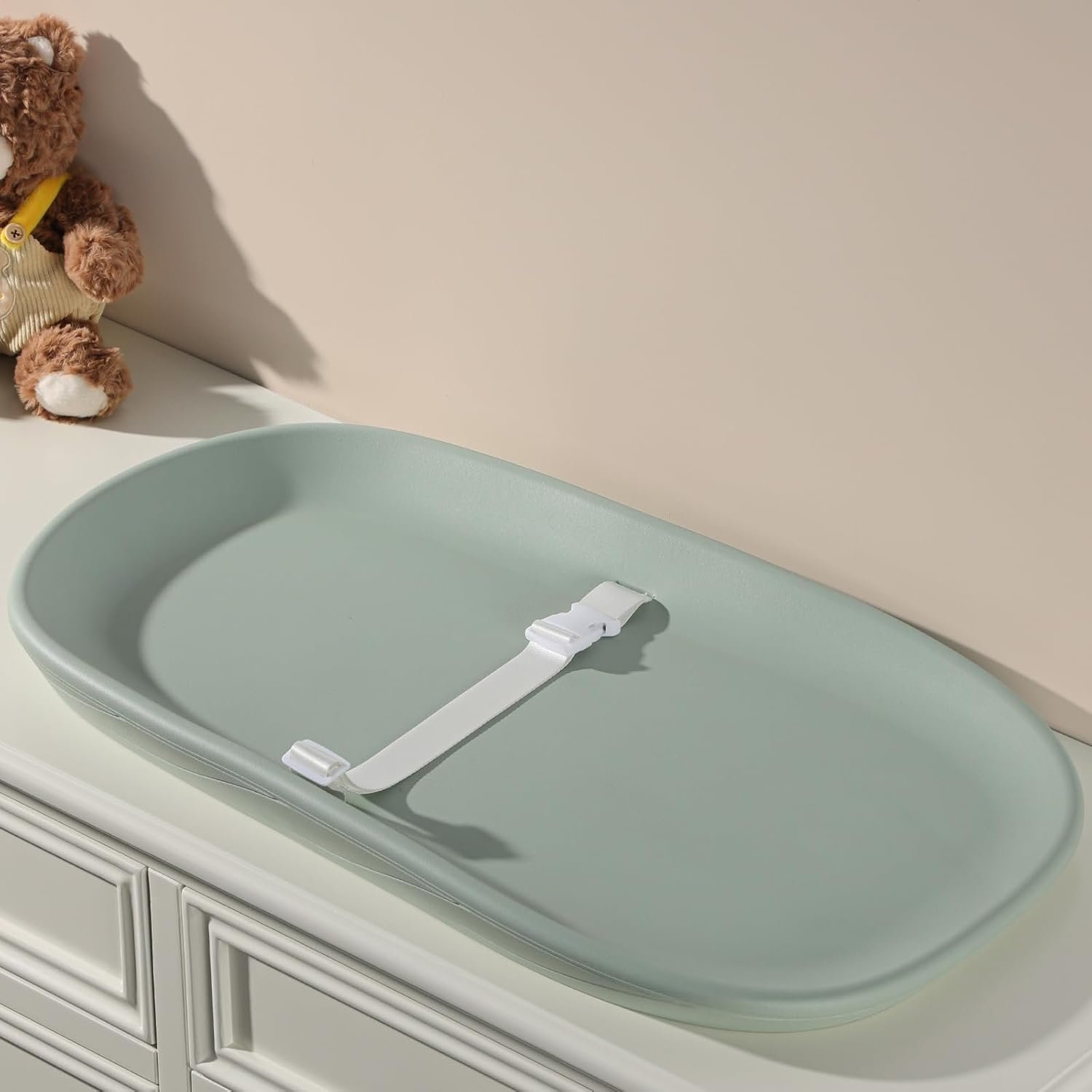 Baby Changing Pad Waterproof in EVA Foam, Baby Changing Mat Wipeable Baby Changing Table Pad, Adjustable Safety Belt & Non-Slip Base, for Diaper Changes & Massage, Fits Dresser/Changing Table – Sage