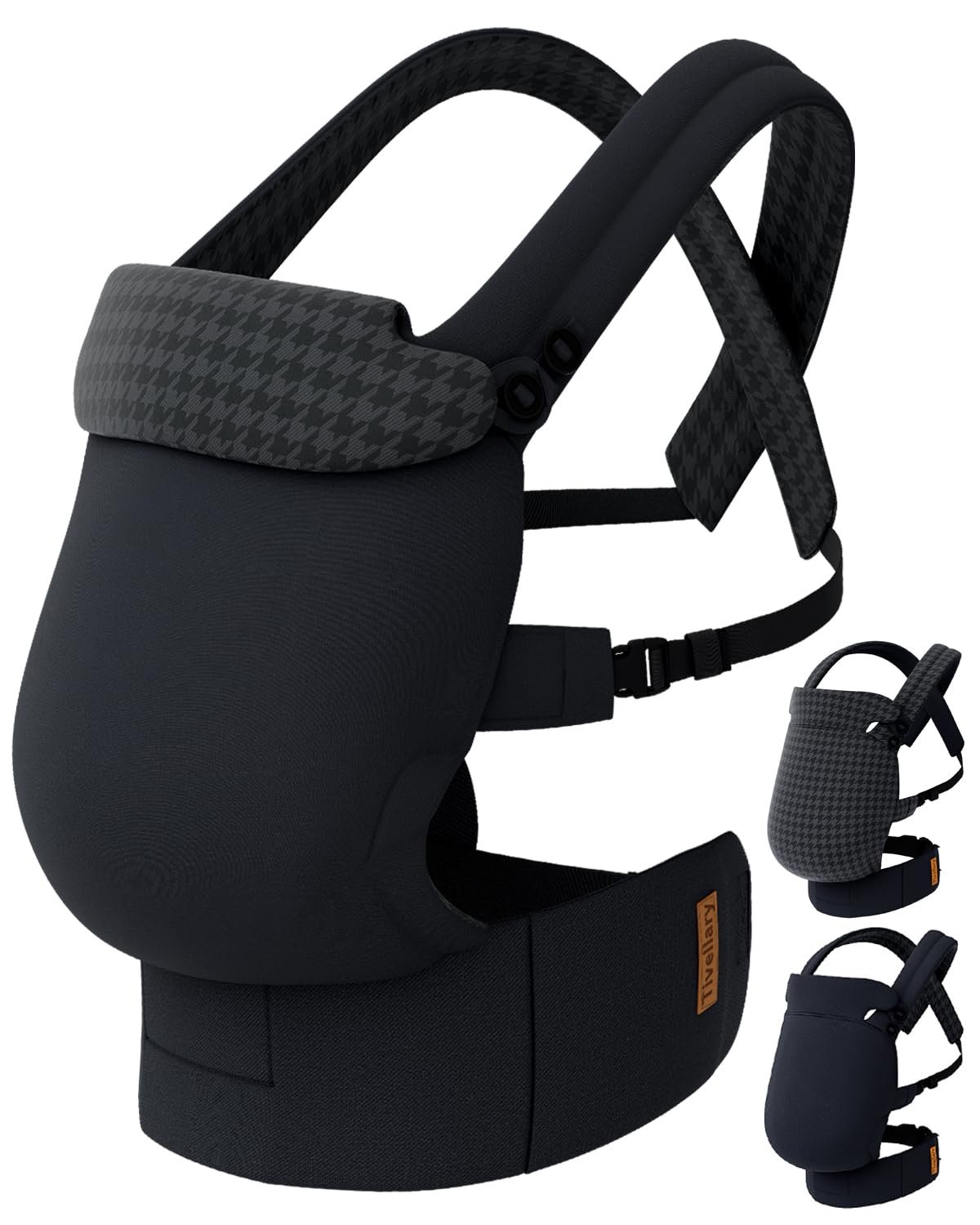 Tivellary Reversible Baby Carrier – Black Solid & Houndstooth; Lightweight & Breathable Lyocell Fabric; Ergonomic Lumbar Support and Quick Hands-Free Wear for Newborn to Toddler (7–44 lbs)