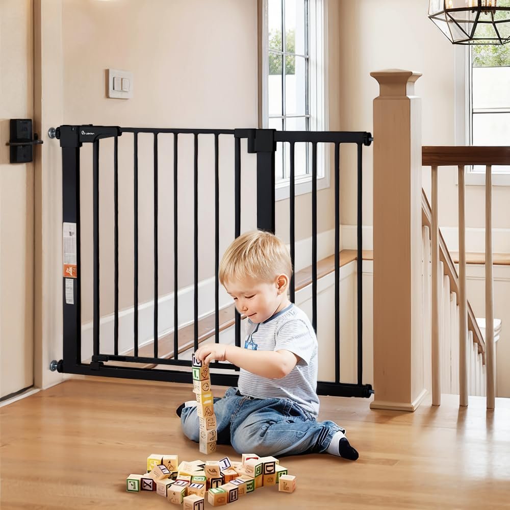COMOMY 30″ Tall Baby Gate for Stairs Doorways, Fits Openings 29.5″ to 43.3″ Wide, Auto Close Extra Wide Dog Gate for House, Pressure Mounted Easy Walk Through Pet Gate with Door, Black