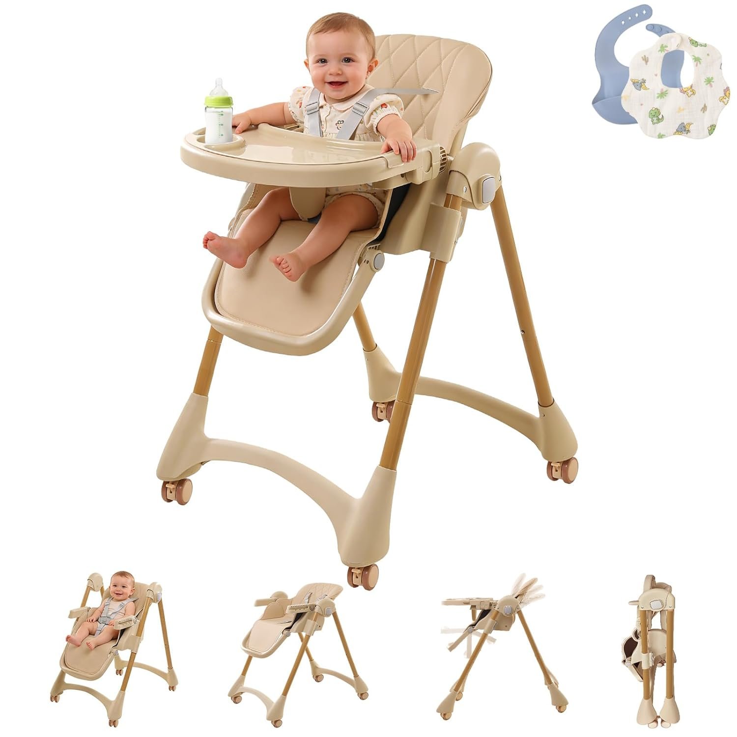 High Chairs for Babies and Toddlers, Foldable Baby High Chair with Wheels for Eating, 6 in 1 High Chair with Removable Tray, Adjustable Backrest and Height, Include 2 Bibs, Tool-Free Assembly
