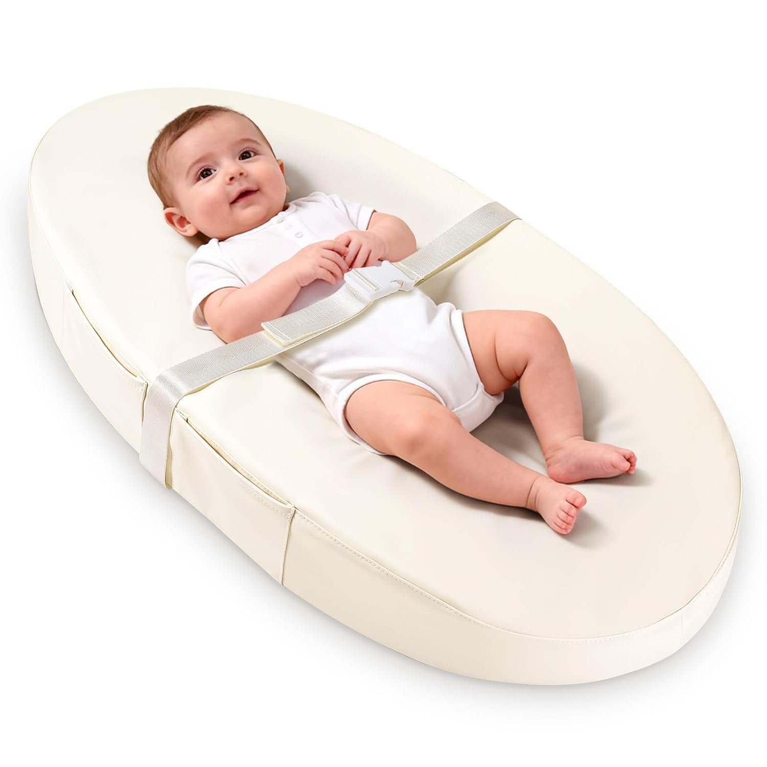 Baby Changing Pad with Waterproof & Wipeable PU Cover, Contoured Diaper Changing Pads for Dresser with Non-Slip Safety Belt, Portable Lightweight Changing Mat, Beige