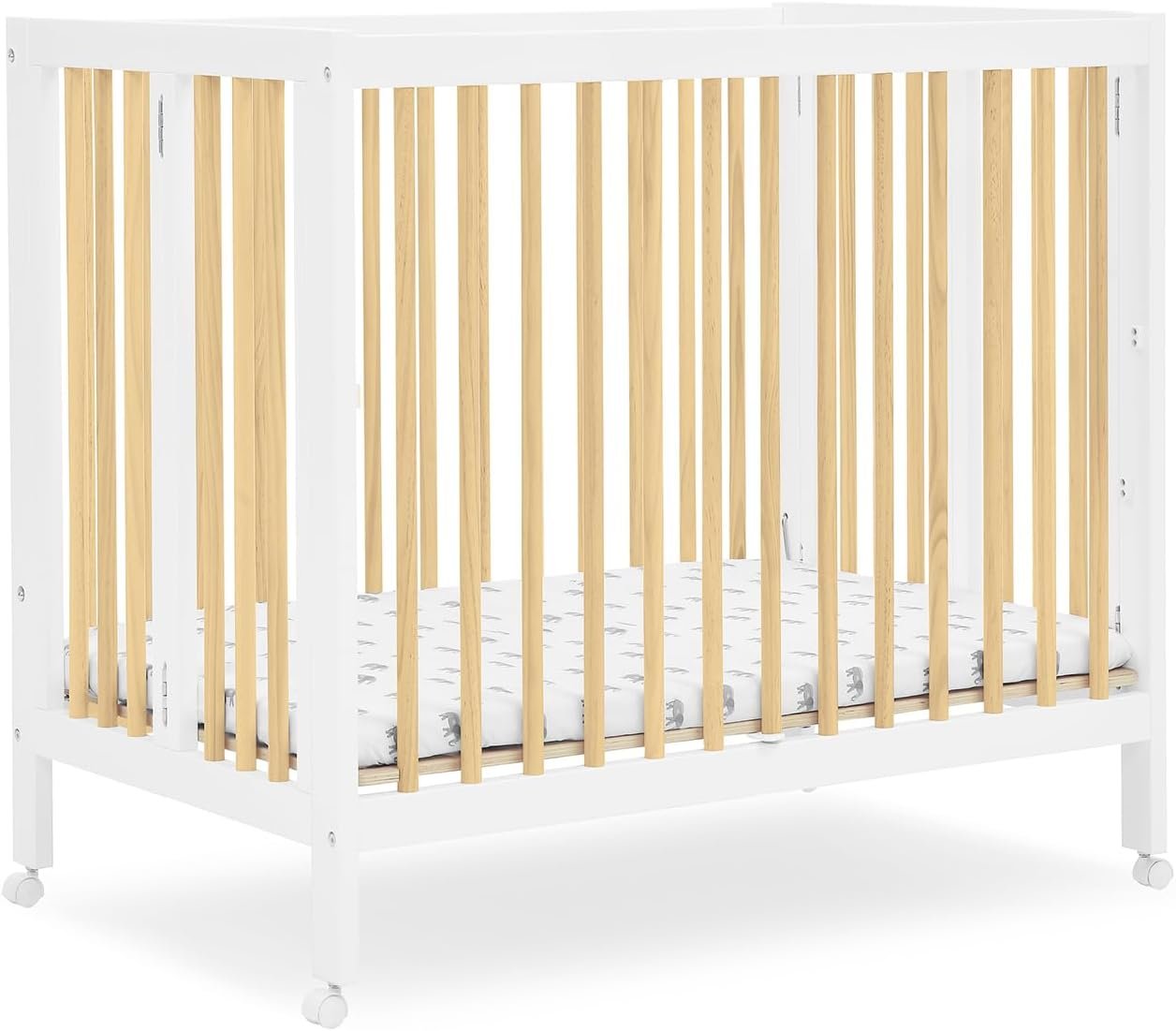 Delta Children Mia Portable Folding Mini Crib with 1.5-Inch Mattress – Greenguard Gold Certified, Bianca White/Natural