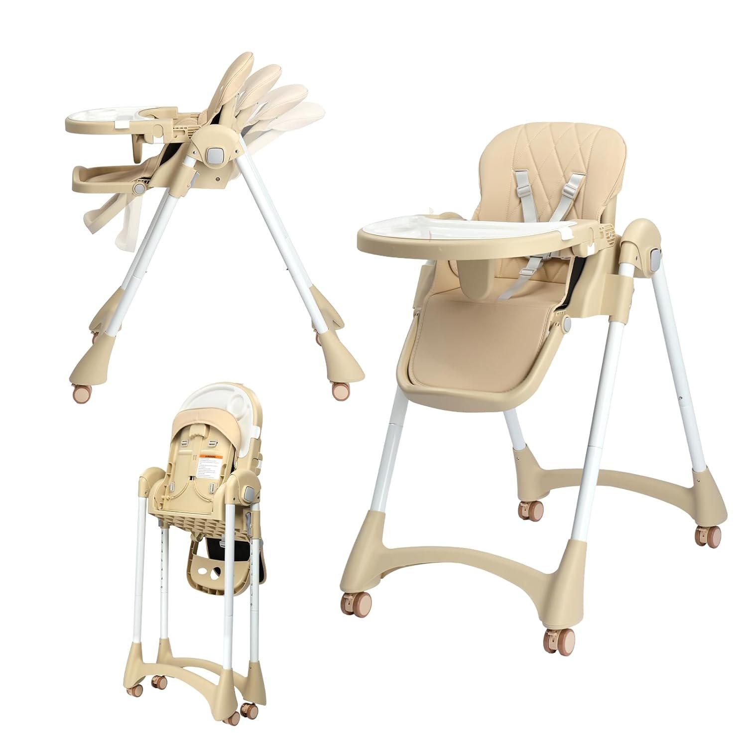 JOYMOR Foldable Baby High Chair, 4 in 1 Convertible Highchair for Eating, Height Adjustble and Multiple Seat Position, Compact Foldable Design for Easy Storage (Beige)
