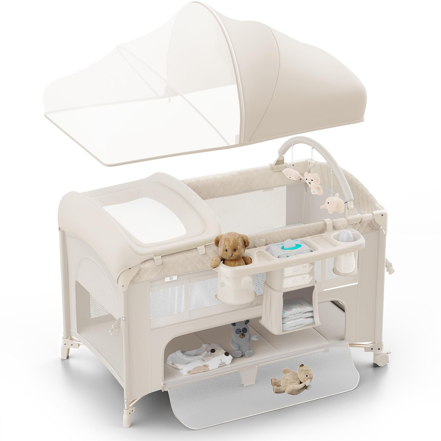 Obee Odee 4 in 1 Baby Bassinet, Pack and Play, Bedside Crib Sleeper, Diaper Changer – Comes with Mattress, Mosquito Net, Bottom Storage and Toy Bar for Newborn to Toddles