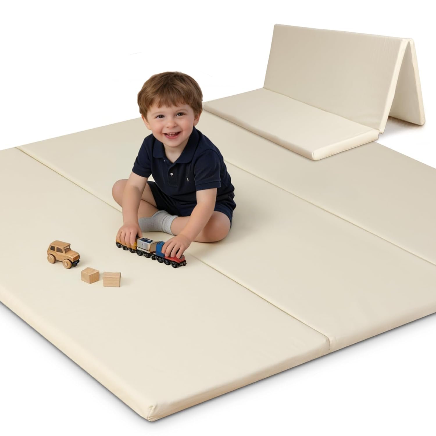 SEPARO Thick Trifold Baby Play Mat,Soft Vegan Leather 47×47 Play Mat for Playpen,Foldable Tummy Time Foam Floor Mats,Waterproof & Wipe-Clean for Toddler,Kids & Infants Playroom,Beige