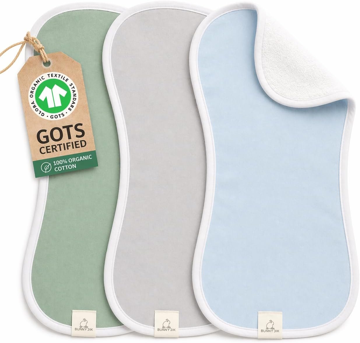 GOTS Organic Cotton Burp Cloths Baby Boy & Girl – 3 Pack Turkish Organic Cotton Burp Cloth for Babies, Soft & Plush Thick Long Stable Turkish Cotton for Newborn, Baby Essentials