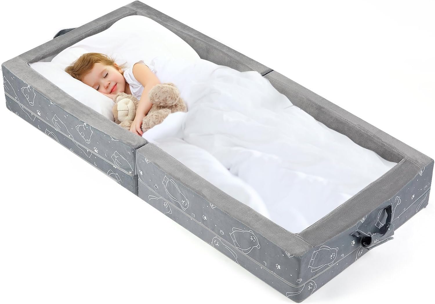 Umoving Portable Toddler Travel Bed – Foldable Soft Foam Floor Crib with Washable Cover, Built-in Safety Rails, No Assembly, Compact for Travel & Home Use, Grey