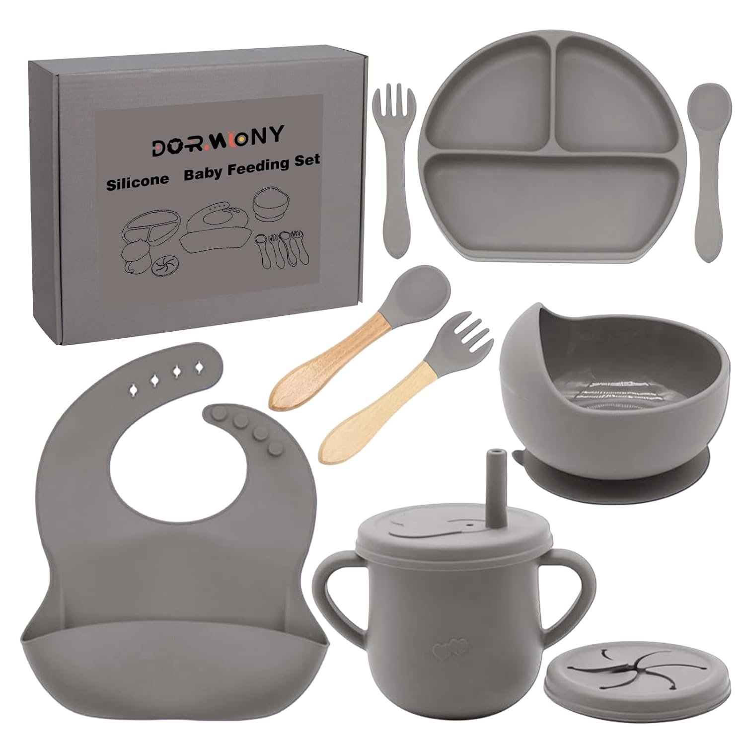 100% Silicone baby feeding set,BPA free Baby dishes set with Suction Bowl Divided Plate,Toddler Self Feeding Dish Set with Spoons Forks Sippy Cup And Bib, Baby Eating Utensils (Light Brown)