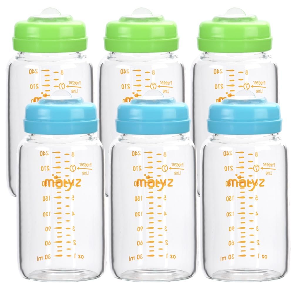 Matyz Glass Breastmilk Storage Bottles, 6 Pack, 8 oz, Compatible with Spectra Medela Pump – Store, Freeze, Warm Up Milk Well – Large Breastmilk Storage Containers – No BPA (3 Green & 3 Blue Lids)