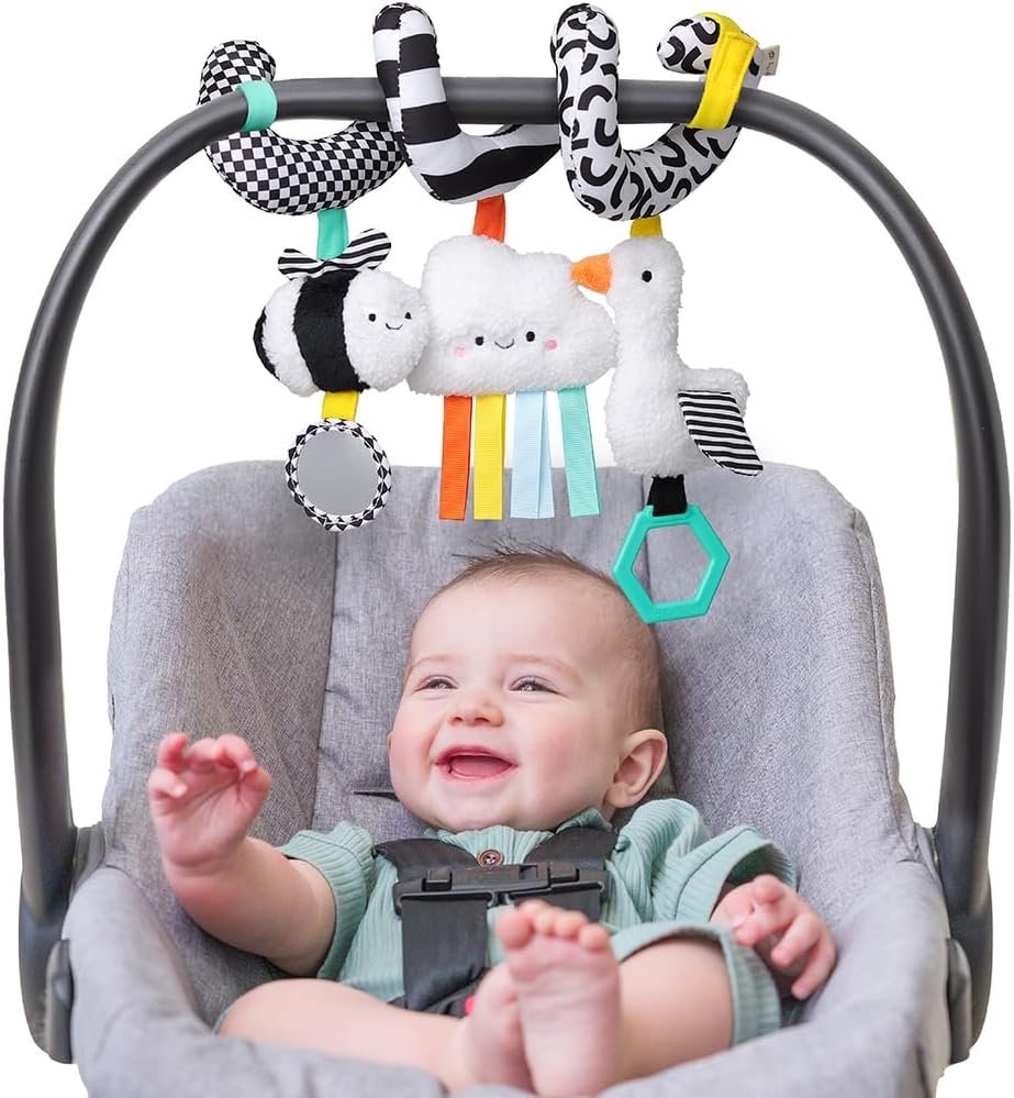 Itzy Ritzy Spiral Car Seat & Stroller Activity Toy – Stroller & Car Seat Toys for Ages 0 Months and Up – Hanging Toys Include Dangling Ring, Mirror and Textured Ribbons (High Contrast)