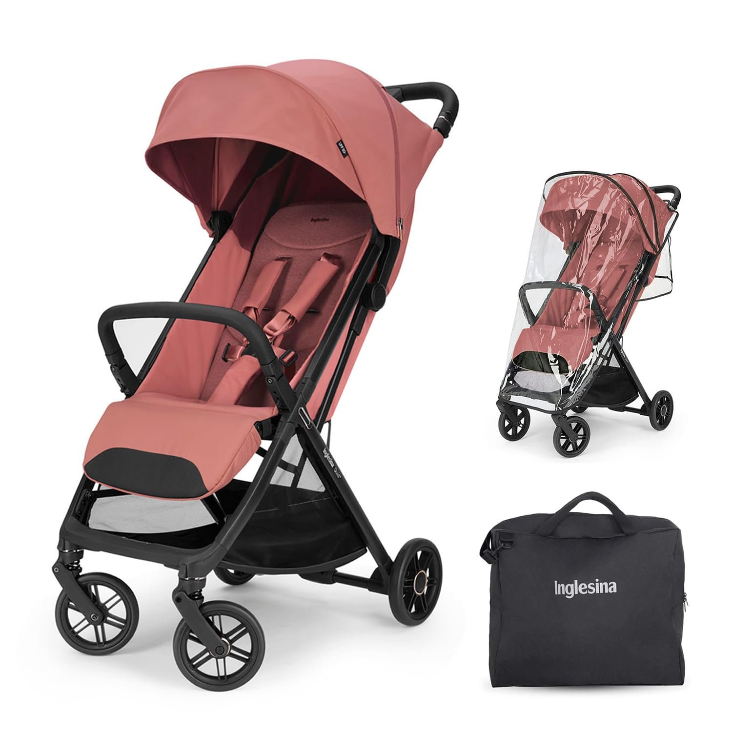 Inglesina Quid 3 Travel Stroller – Aurora Pink | Travel Stroller for Airplane, Umbrella Stroller for Baby & Toddler 0-55 lbs, Car Seat Compatible w/Carry Bag, Wheel Covers & Raincover – Bundle Kit