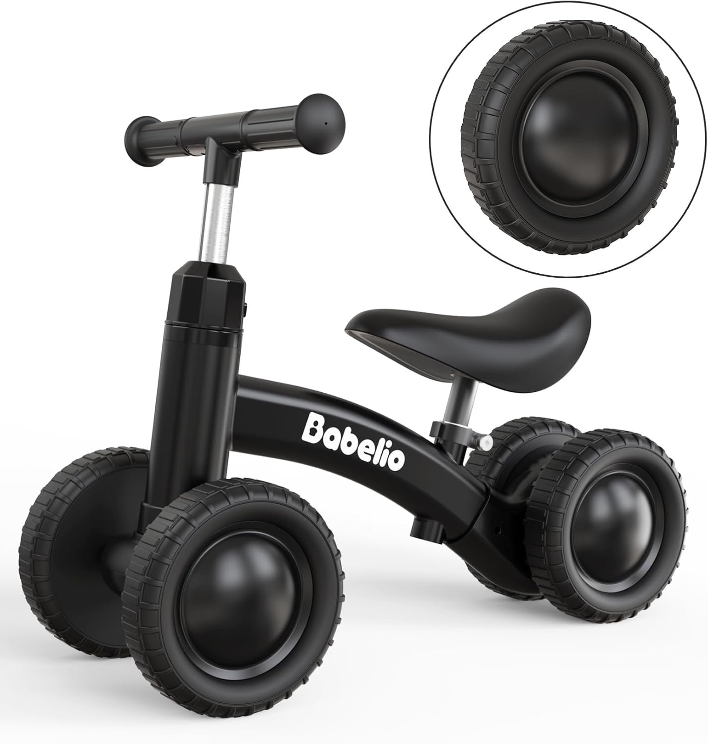 BABELIO Baby Balance Bike for 1 Year Old Boys Girls, 10-36 Month Toddler Balance Bike, 4-Wheel Off-Roader Design, Adjustable Seat & Handlebar – Black