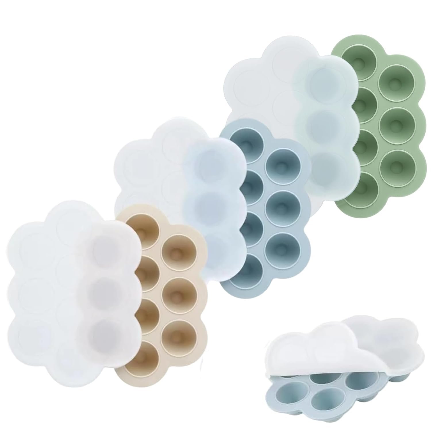 PandaEar 3-Pack Silicone Baby Food Freezer Trays with Lids – 10 Small Portions per Tray (Approx. 1oz/1.5-2 tbsp) – Flexible Storage Container for Breast Milk & Purees, Blue/Green/Beige