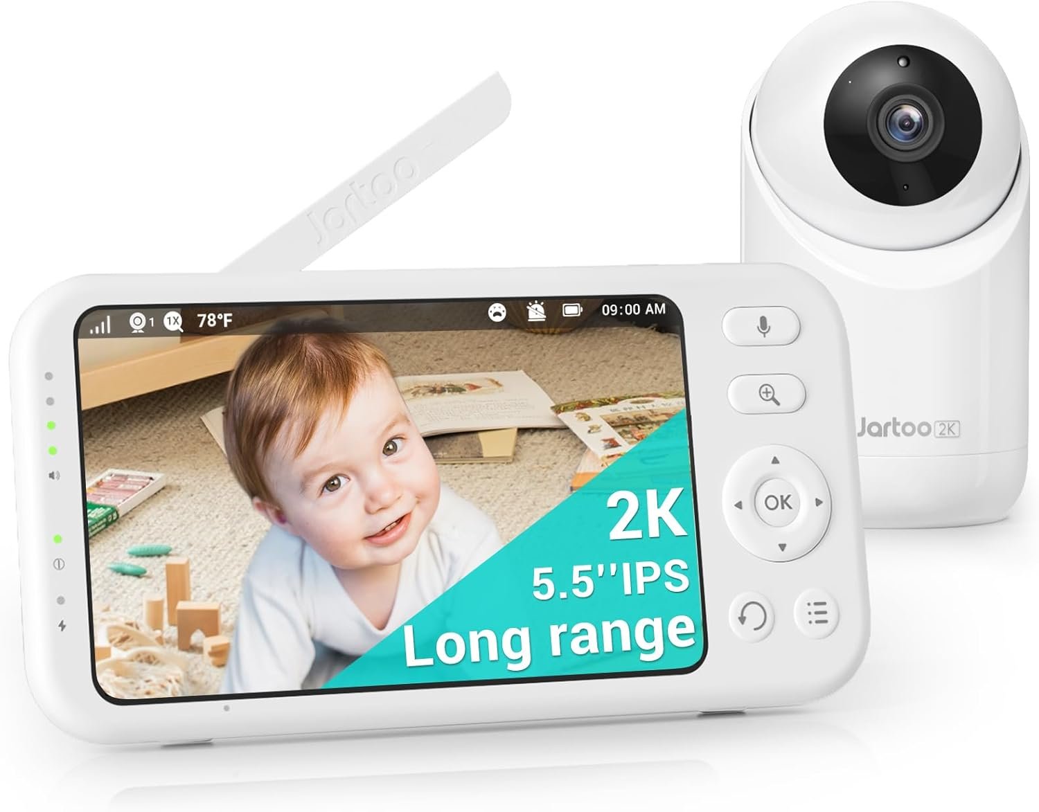 Jartoo 2K Video Baby Monitor with Camera and Audio, 1860ft Long Range Baby Monitor No WiFi 5.5″ FHD Screen ANC Baby Camera Wireless, Feeding Clock, Night Vision, 2-Way Talk, AI Cry Detect, 6000mAh