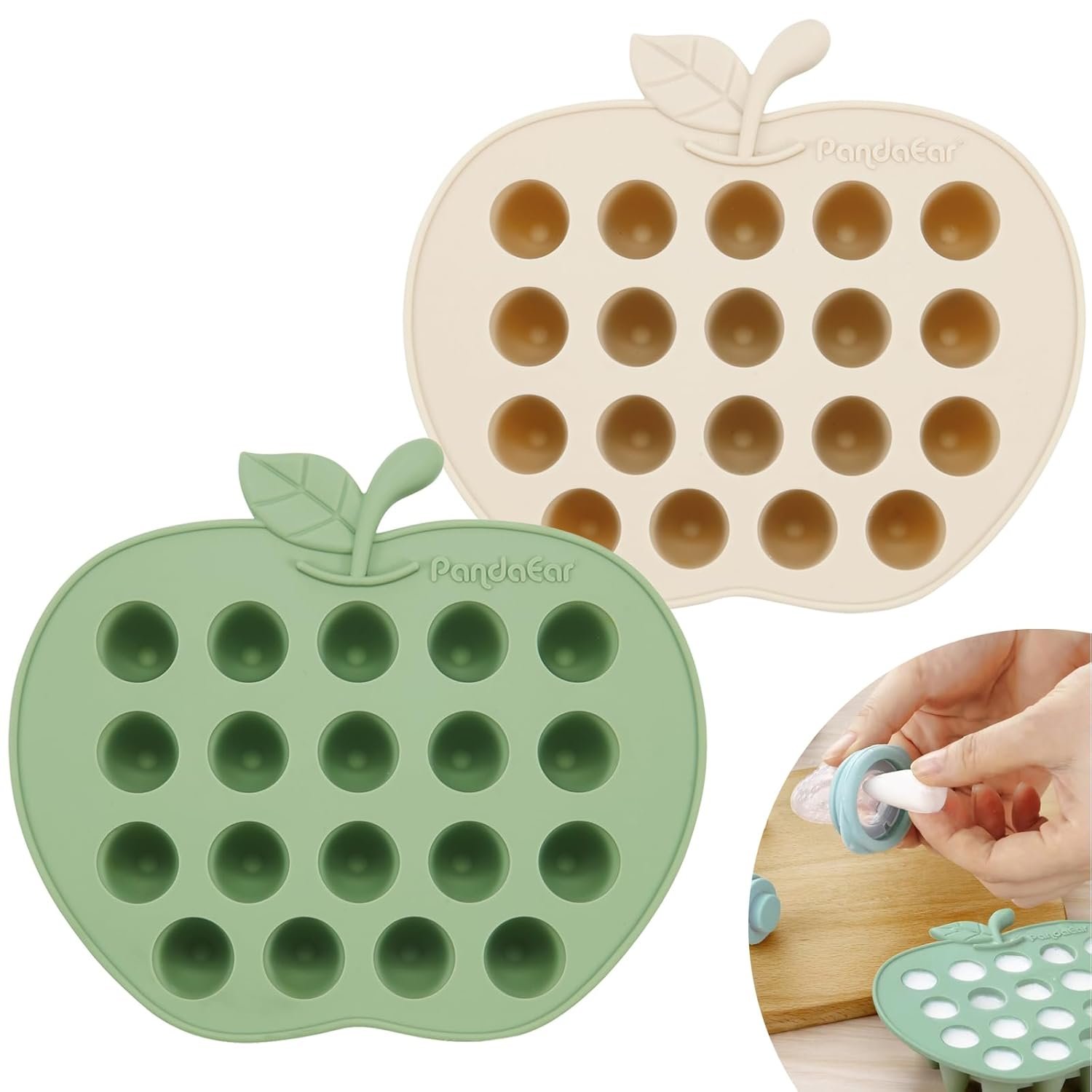 PandaEar 2 Pack Baby Breastmilk Popsicle Molds, Silicone Nibble Freezer Tray, Baby Fruit Food Feeder Teether Tray, 19 x 0.2 oz Baby Food Storage Container for Homemade Baby Food -Green&Tan