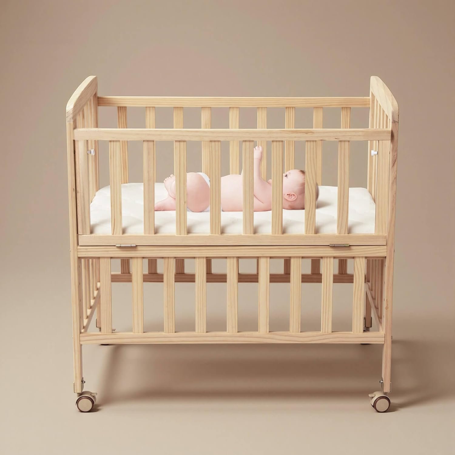 Flwrgirl Convertible Mini Baby Crib – Portable Bedside Bassinet with Mattress Included,3 Heights Baby Crib with Wheels for Small Room and Newborns 0-12 Months,Unpainted