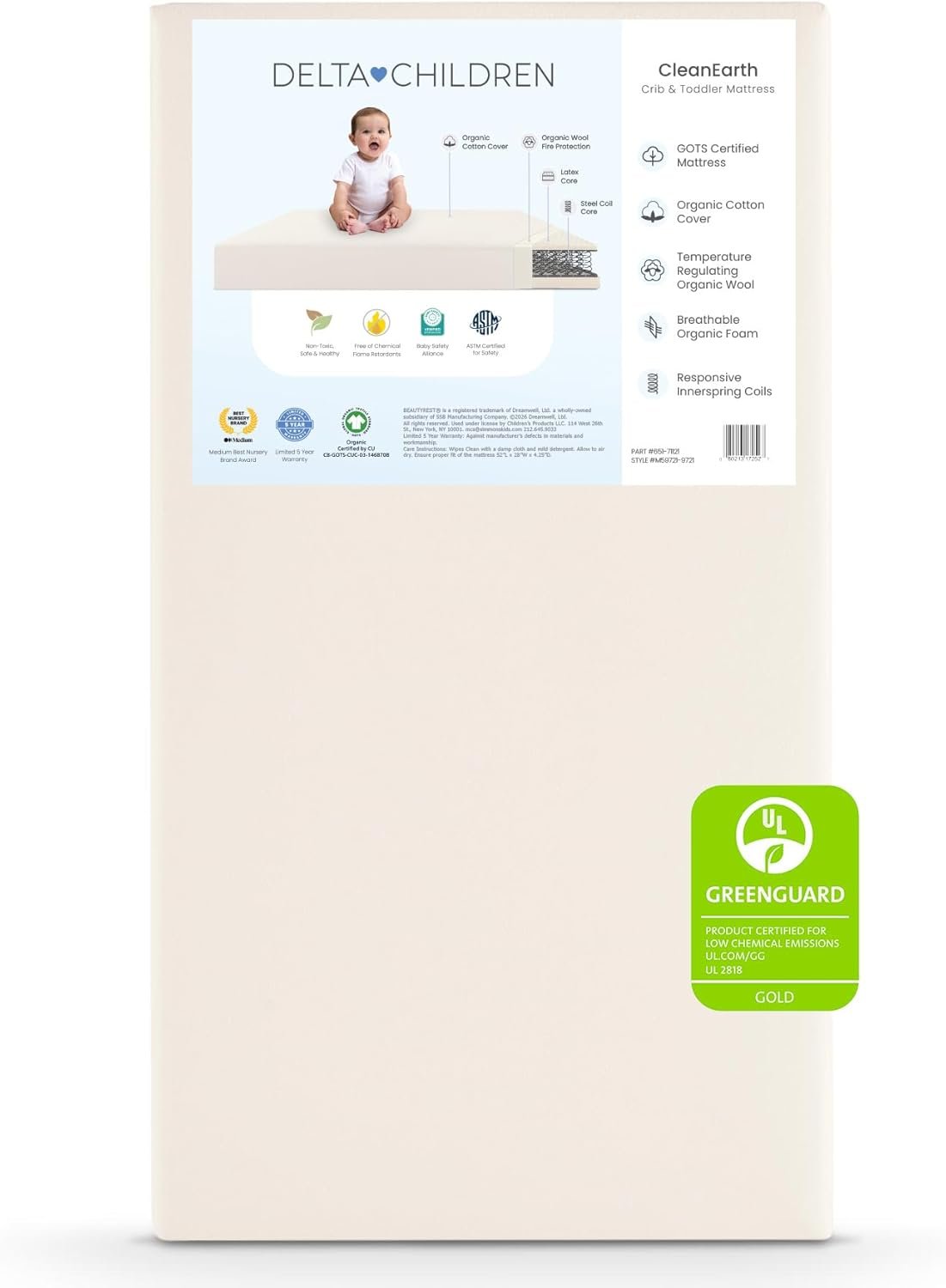 Delta Children CleanEarth Certified Organic Crib and Toddler Mattress – GOTS Certified, Non-Toxic Breathable Baby Mattress – Regulates Temperature, 10-Year Warranty