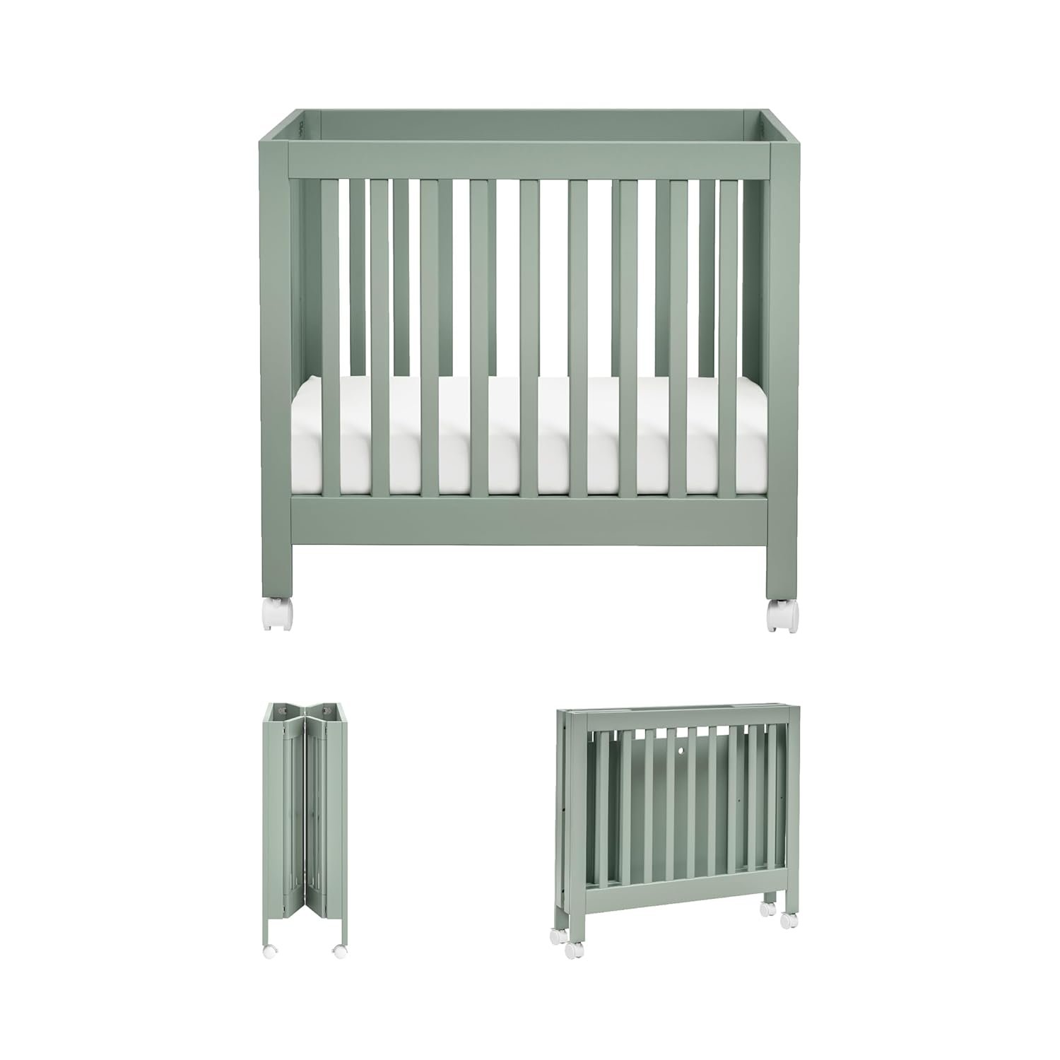 Babyletto Origami Mini Portable Crib Folding with Wheels in Light Sage, 2 Adjustable Mattress Positions, Greenguard Gold Certified