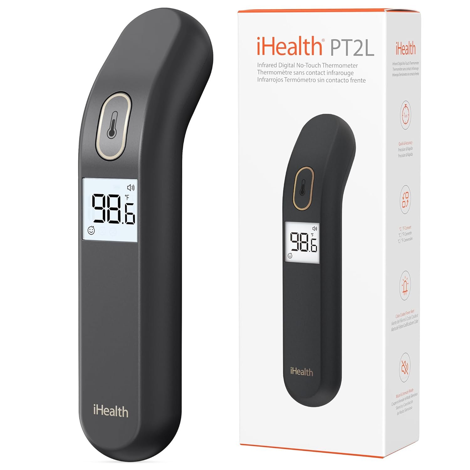 iHealth Touchless Thermometer for Adults and Kids, Color-Coded Alert & Silent Mode, 1-Second Accurate Fever Check, Portable for Home, Travel Use – PT2L Black