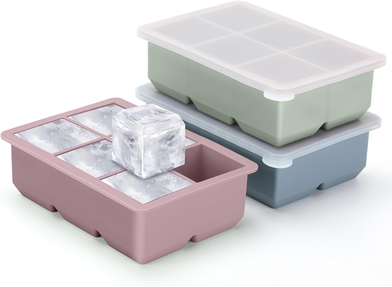 Excnorm Silicone Ice Cube Trays 3 Pack – Large Size Silicone Ice Cube Molds with Leak Proof Removable Lid Square Ice Cube Tray And BPA Free for Cocktail,Whiskey, Stackable Flexible Ice
