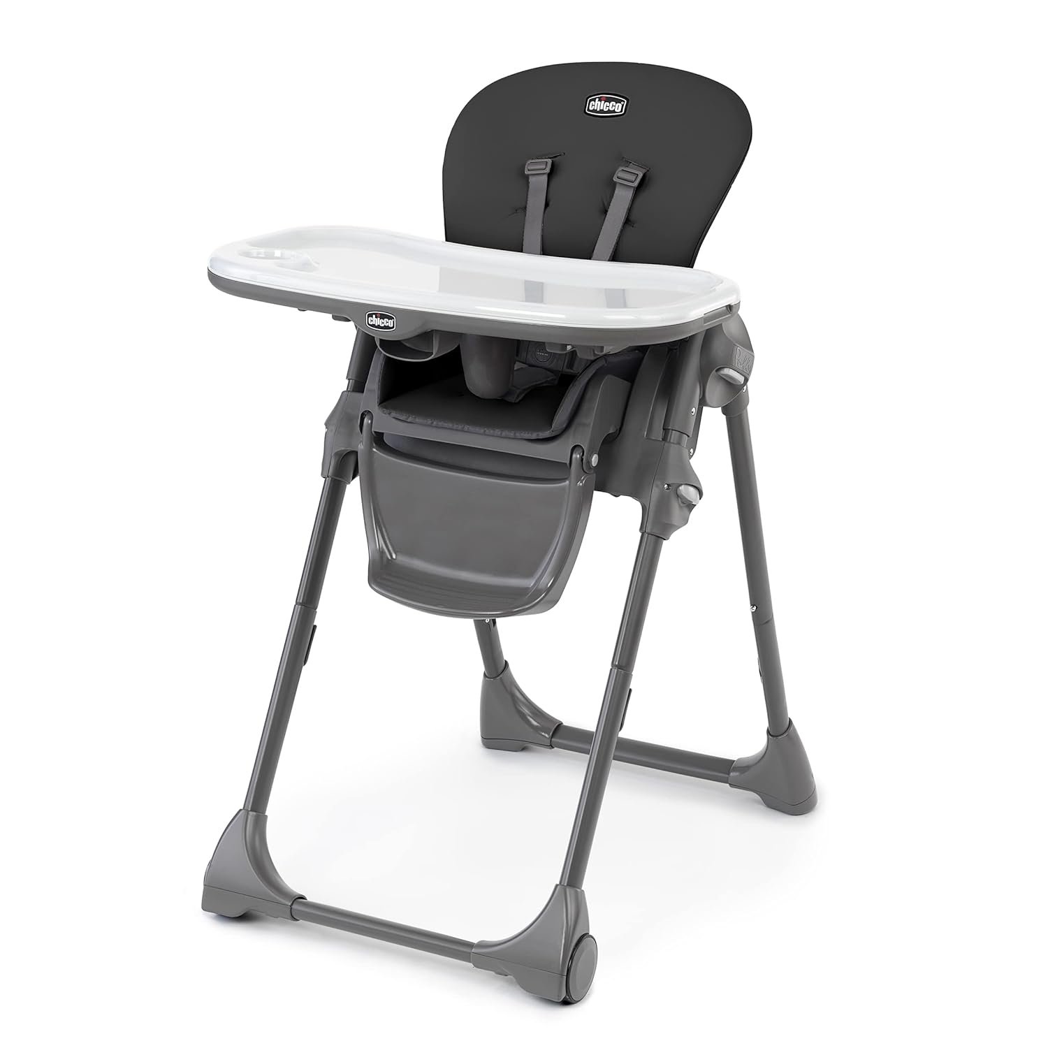 Chicco Polly Space-Saving Foldable High Chair with Easy-Clean Seat Pad, High Chair for Babies and Toddlers with Multi-Position Recline and Height Adjustment, for Children up to 40 lbs., Black/Black
