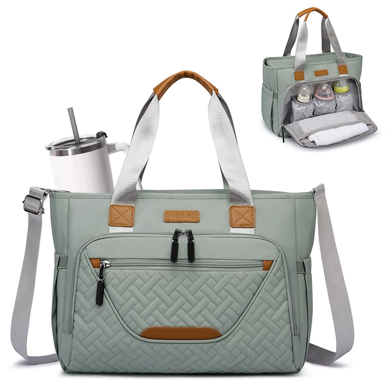 FHELAD Diaper Bag Tote, Large Tote Diaper Bag with 16″ Laptop Compartment, Baby Bag with Insulated Pocket for Mam and Dad, Ideal for Travel, Work (Morandi Grey)