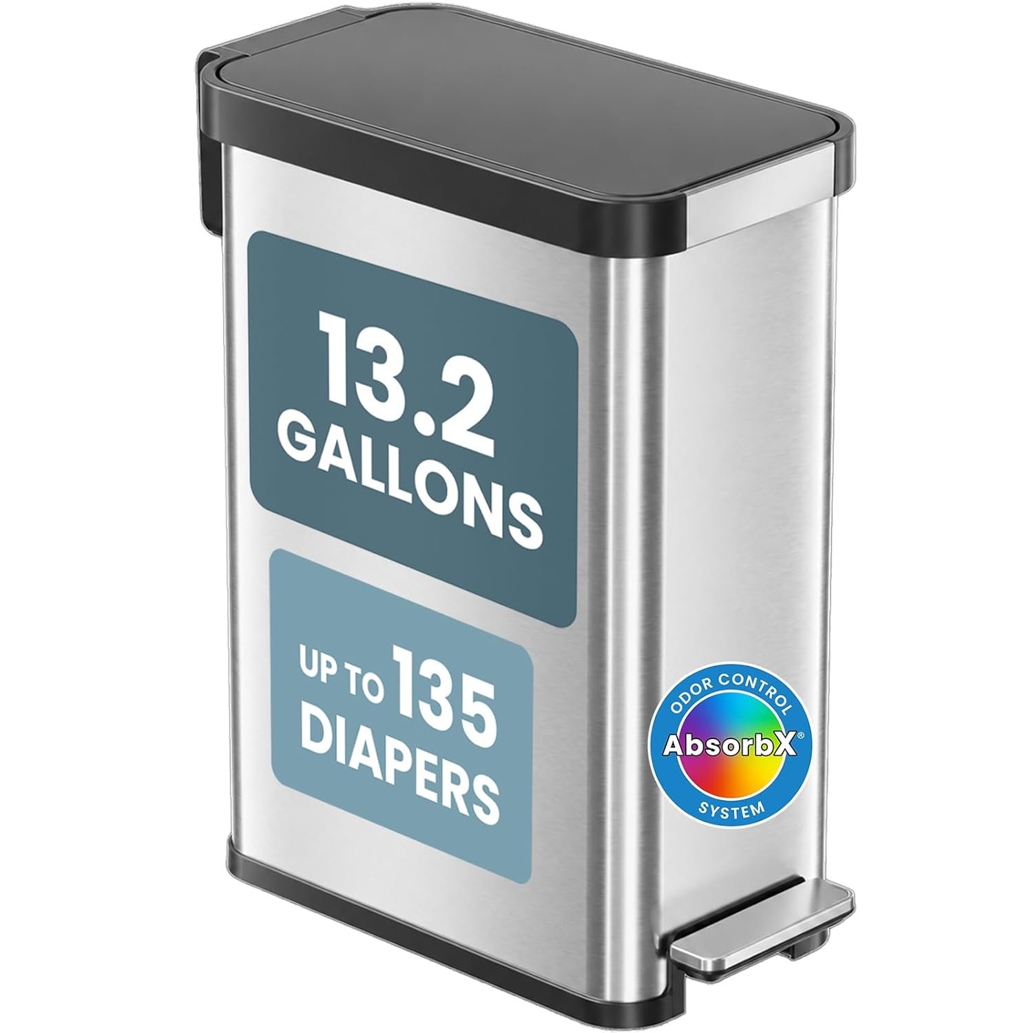 Patented 13 Gallon Step Diaper Pail – Fits Kitchen Bags, Odor Filter Baby Trash Can, 135 Diaper Capacity Stainless Steel Bin, No Refills Needed, for Nursery Diapers and Adult Incontinence Underwear