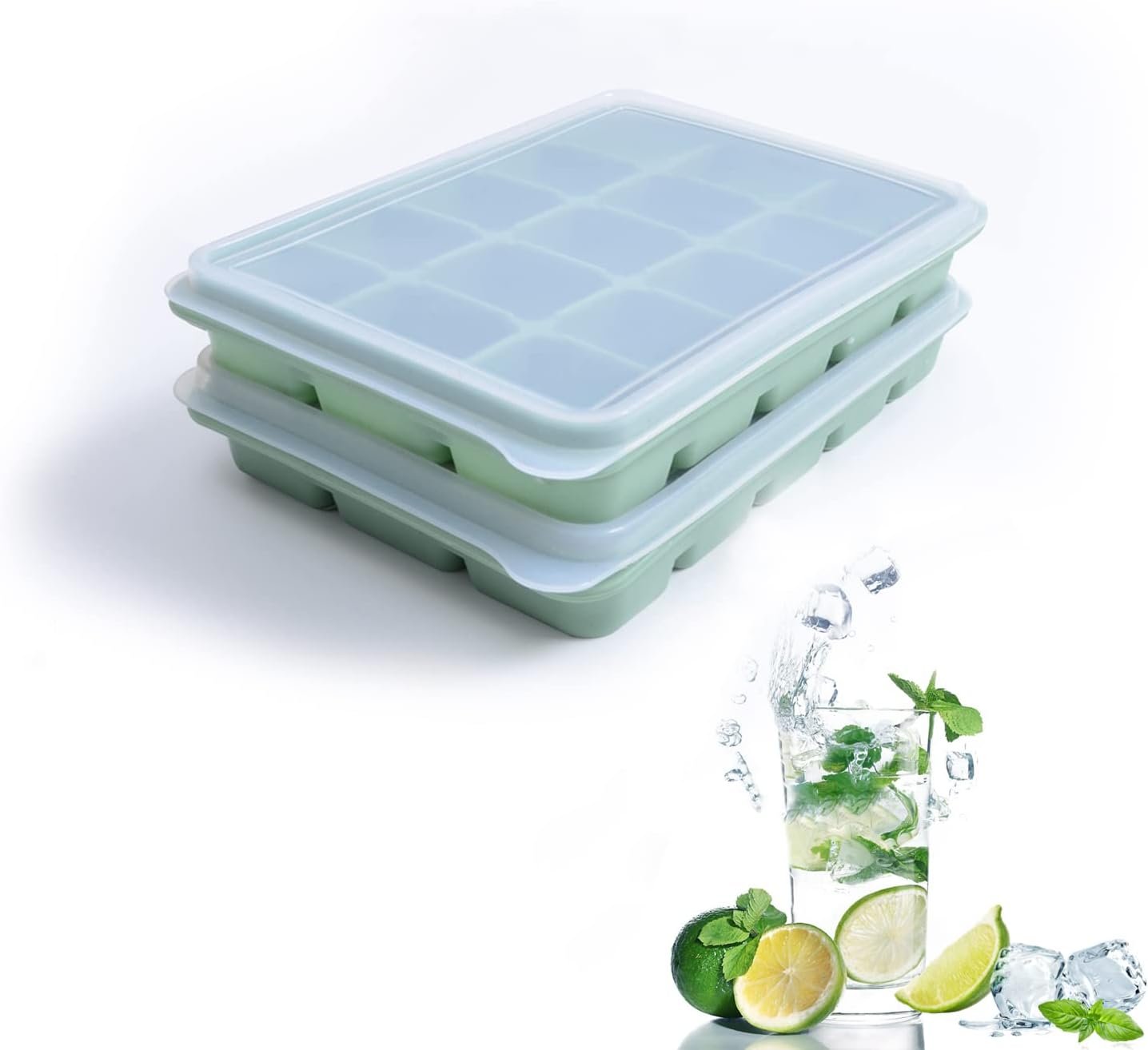 Ice Cube Trays Set of 2, Easy Release 15 Flexible Silicone Ice Cube Molds with Removable Lid Reusable Freezer Ice Trays Stackable for Whiskey, BPA Free (BAMBOO GREEN)
