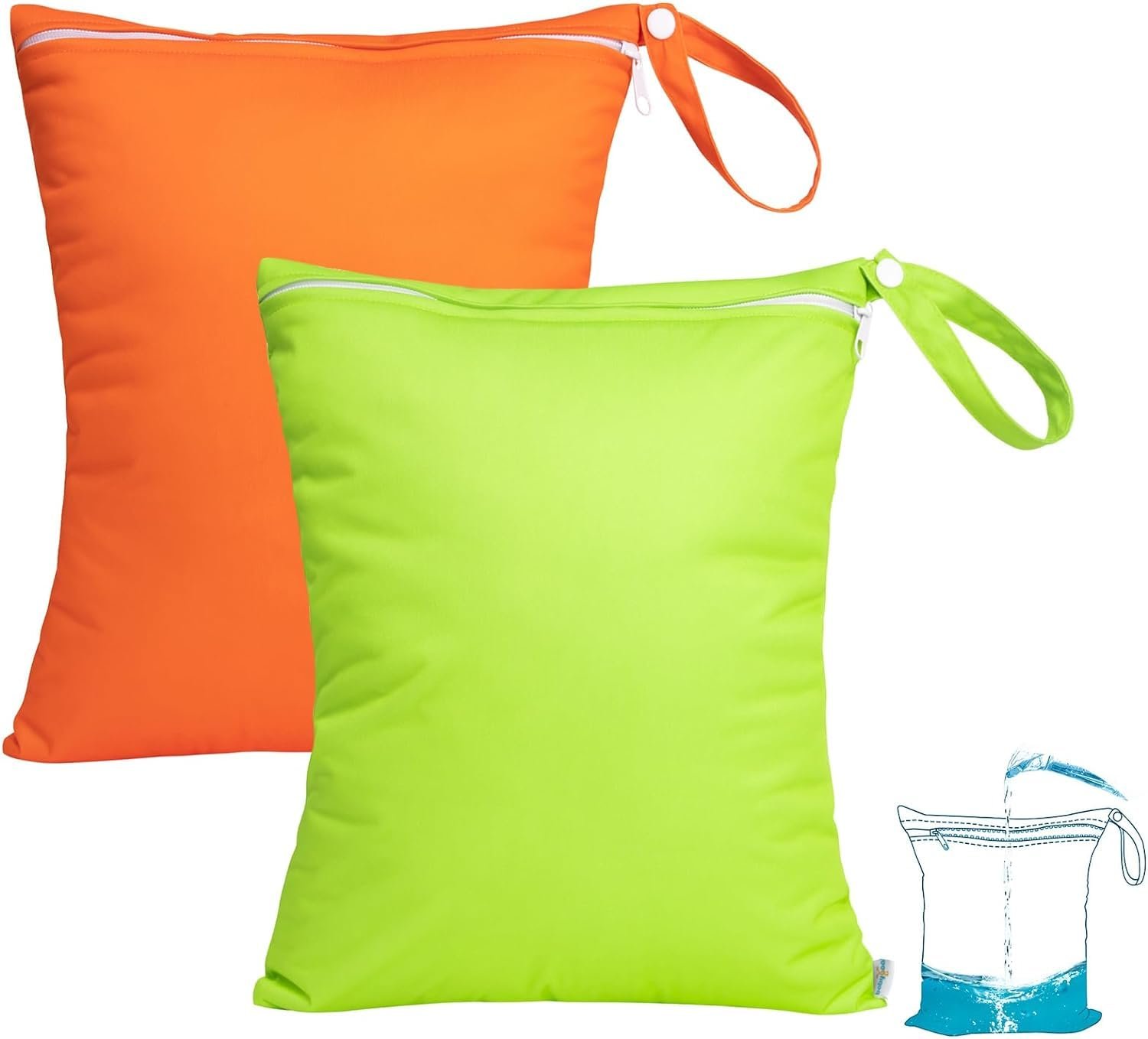 babygoal Wet Dry Bags 2 Pack for Swimsuits, Waterproof Bag for Travel, Food Storage, Stroller, Daycare, Baby Diapers, Yoga, Beach, Pool, Wet Clothes-Green and Orange