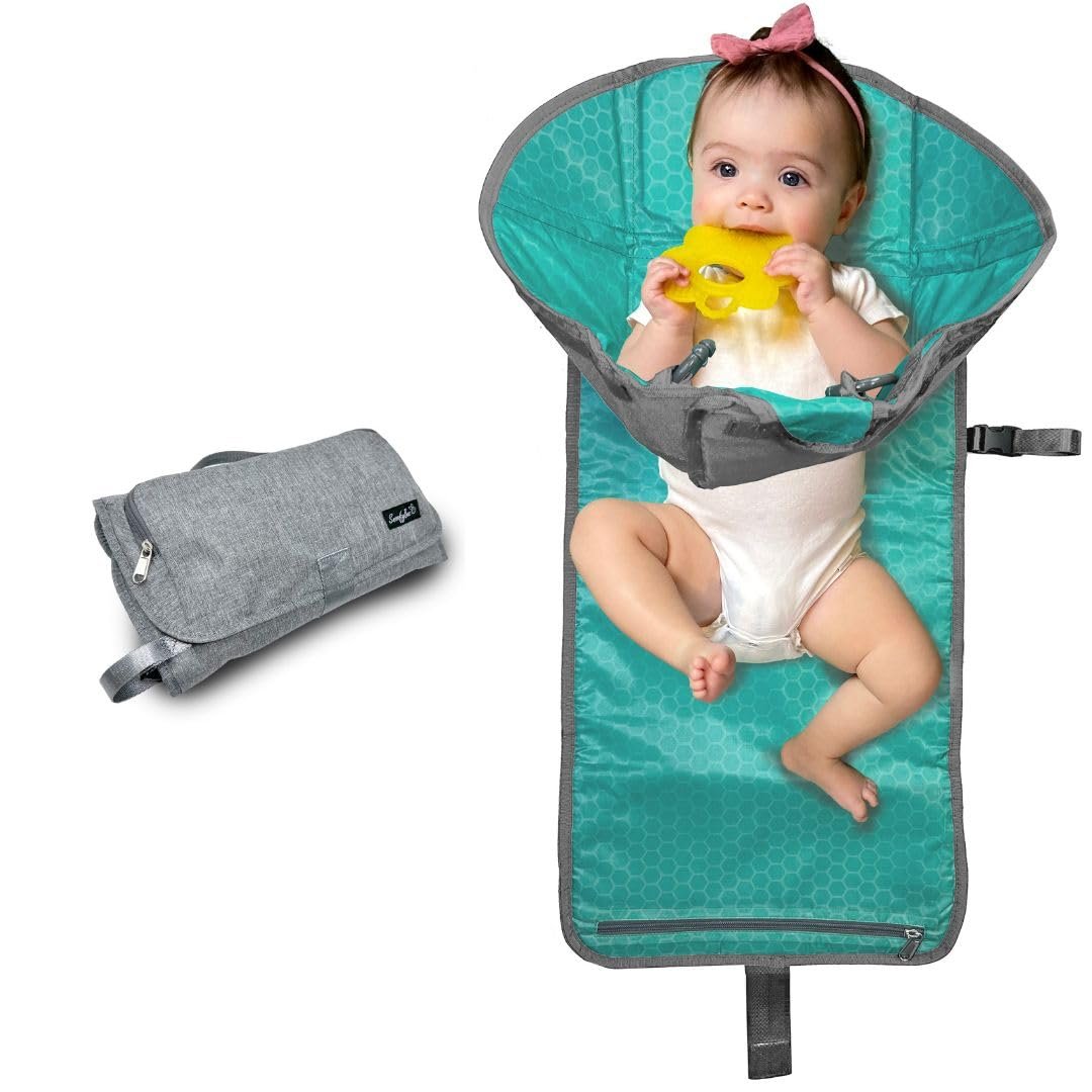 SnoofyBee – Portable Playtime Changing Pad: 3-in-1 Diaper Clutch, Changing Station, and Clean Hands Toy Barrier. Water-Resistant and Stylish, with Dual Storage Pockets. Grey-2024-Improved-Version