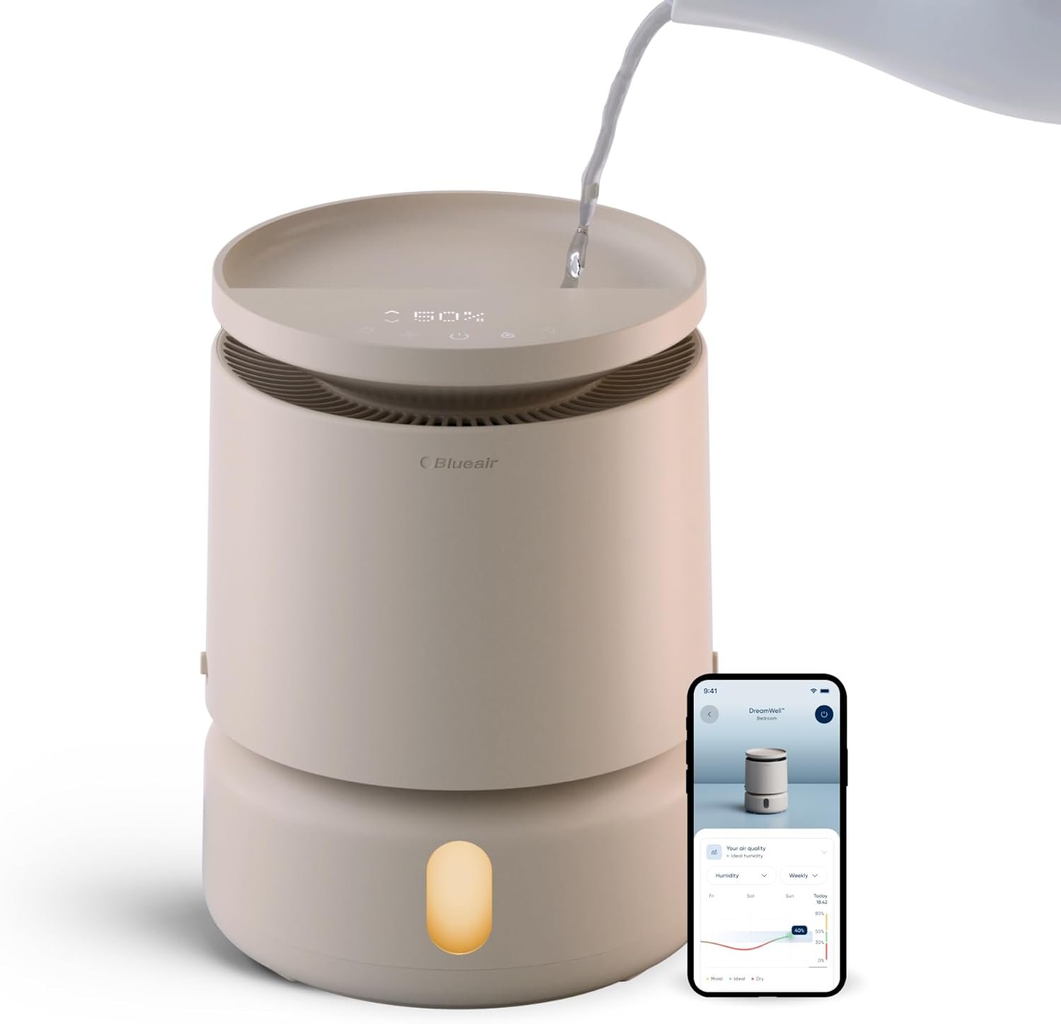 BLUEAIR Room Humidifier – DreamWell – 48Hr Top-Fill Mist-Free InvisibleMist Technology Aroma Stone for Essential Oils and Soothing Mood Lighting – Quiet Operation for Bedroom and Home Use, Beige