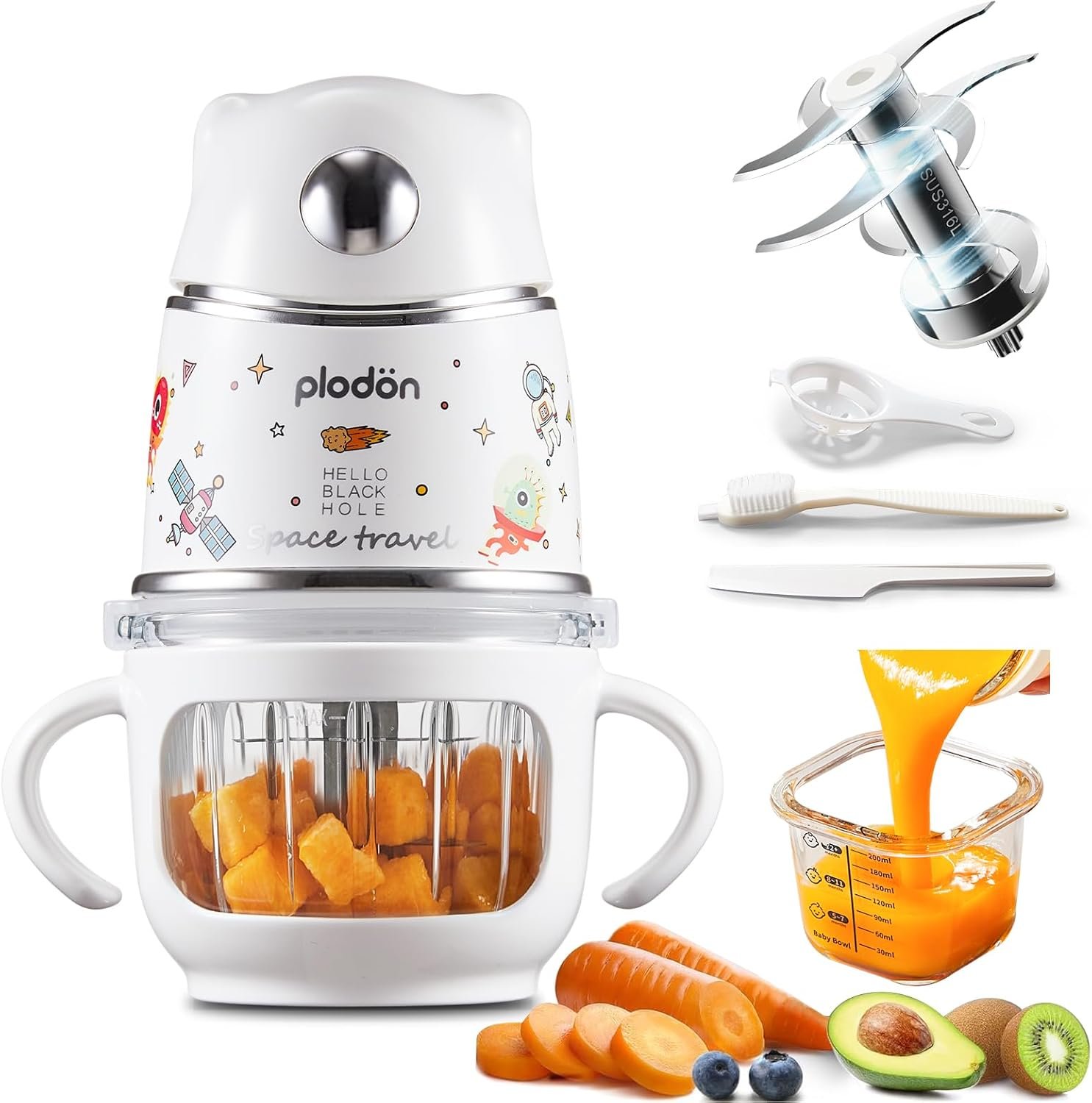 Baby Food Maker, 10oz Glass Baby Puree blender for Fruit,Vegatable&Meat, 316 Stainless Steel Blades Mini Baby Food Processor with Glass Bowl&Spatula, Silver