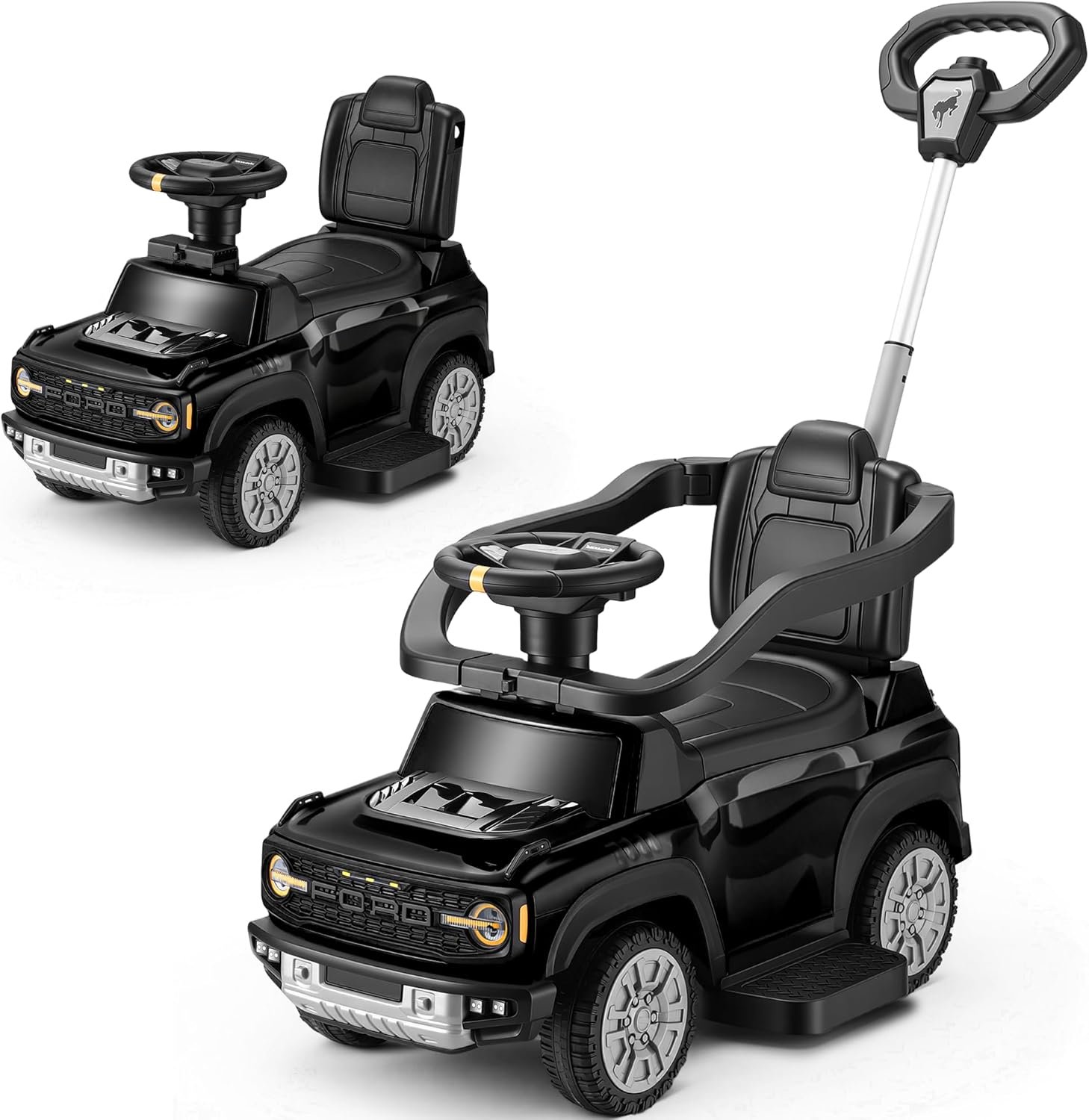 First Ride On 3-in-1 Toddler Push Car, Licensed Ford Bronco Raptor Kids Push Car for Toddlers 1-3 w/Handle, Safety Rails, Music and Horn, Toddler Ride on Toy for Boys, Stroller Substitute (Black)