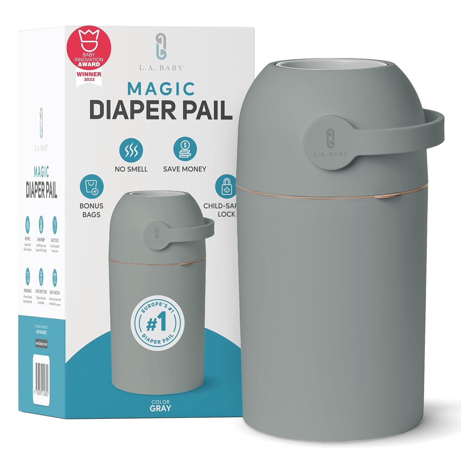 L.A. BABY Magic Diaper Pail – Patented 100% Odor-Free System with Child-Safe Lock – Award-Winning Design – No Refills Required – Works with Regular Trash Bags – Green